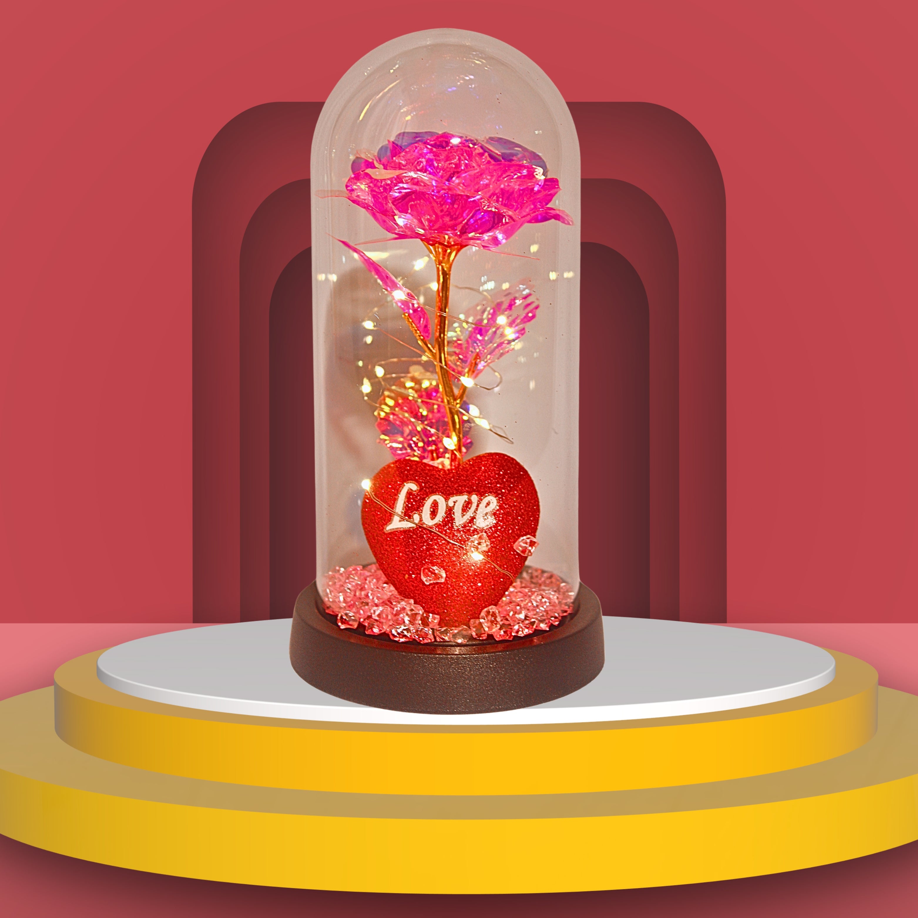 Luxury Pink Crystal Rose Dome with LED Lights – Elegant Romantic Gift