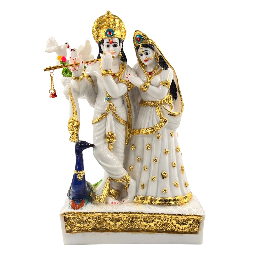 12 Inch Radha Krishna Idol with Peacock – White & Gold Decorative Statue