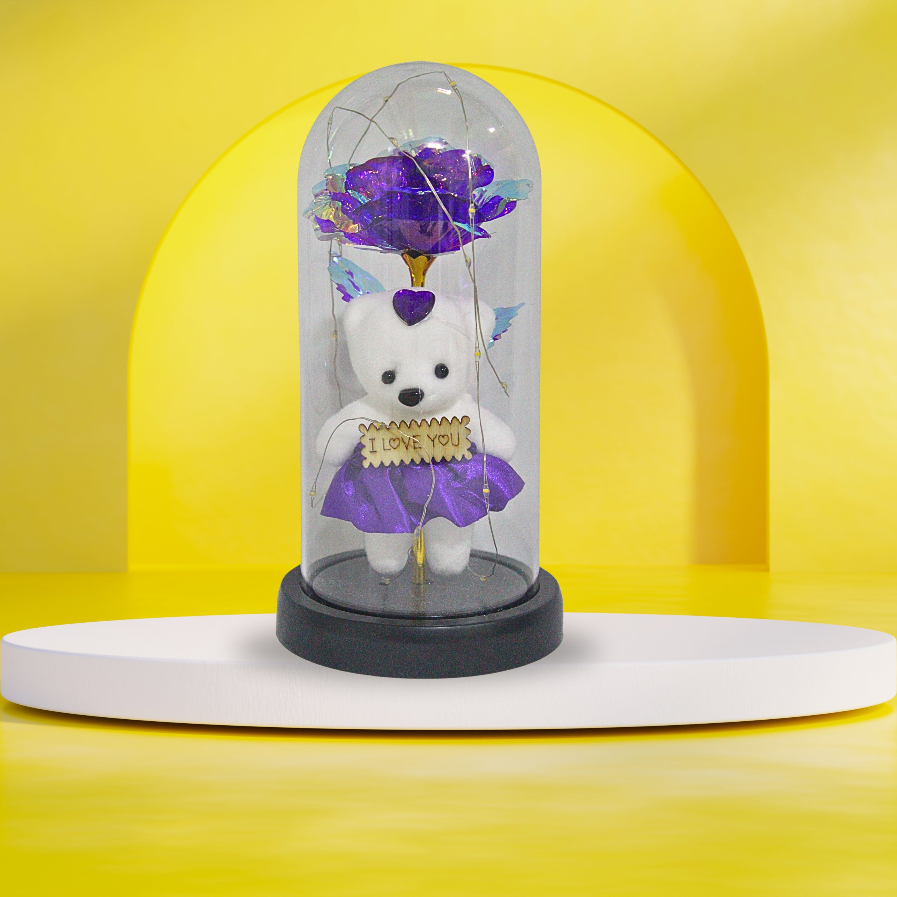 Romantic LED Glass Dome with Purple Rose & Teddy Bear – Elegant Gift for Loved Ones