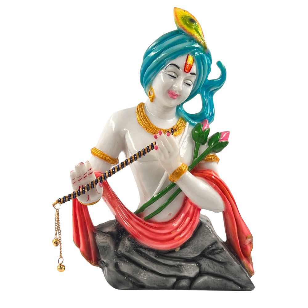 11 Inch Krishna with Flute and Rose Idol – Artistic Resin Statue