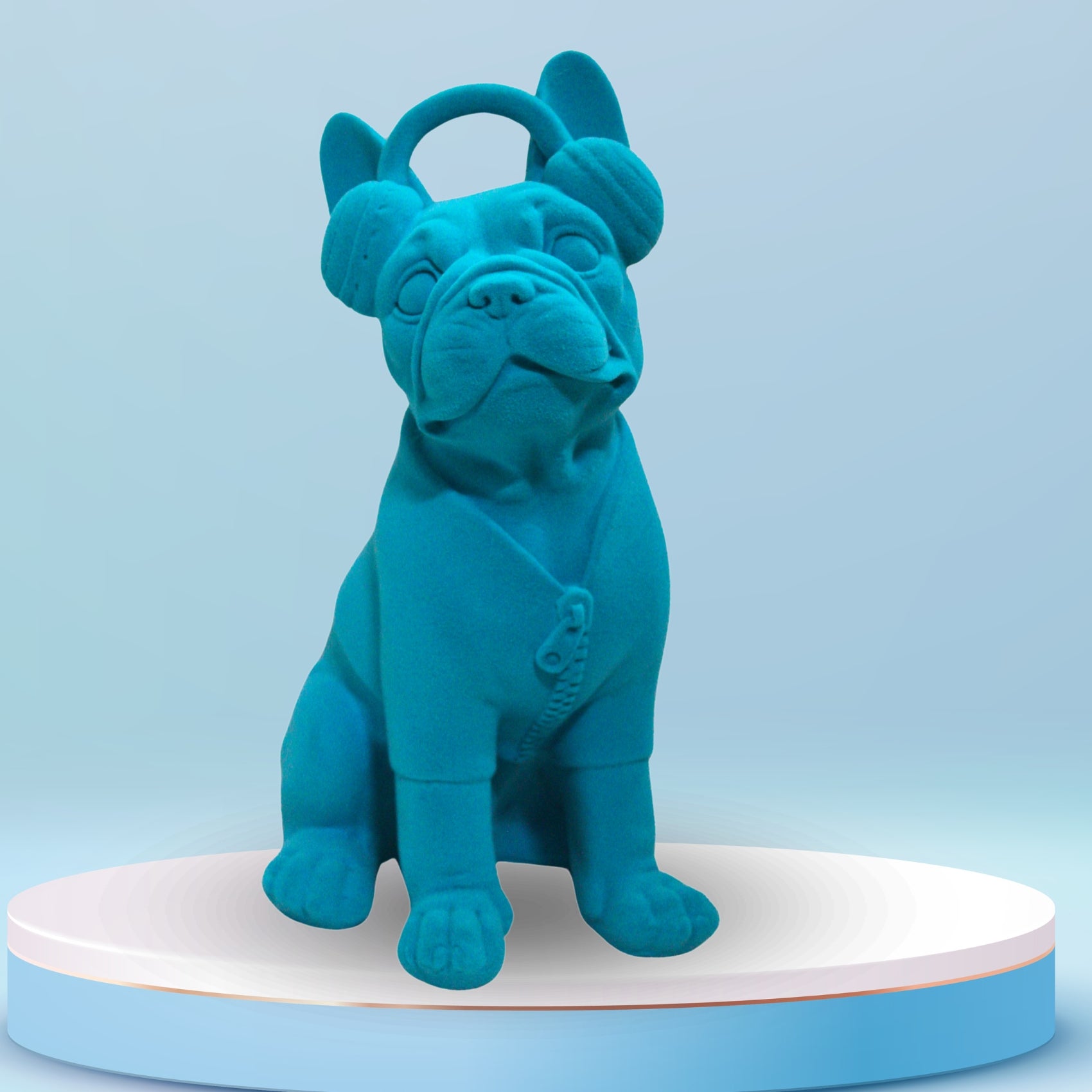 Turquoise Premium Velvet French Bulldog Showpiece – Elegant Resin Figurine with Headphones & Jacket