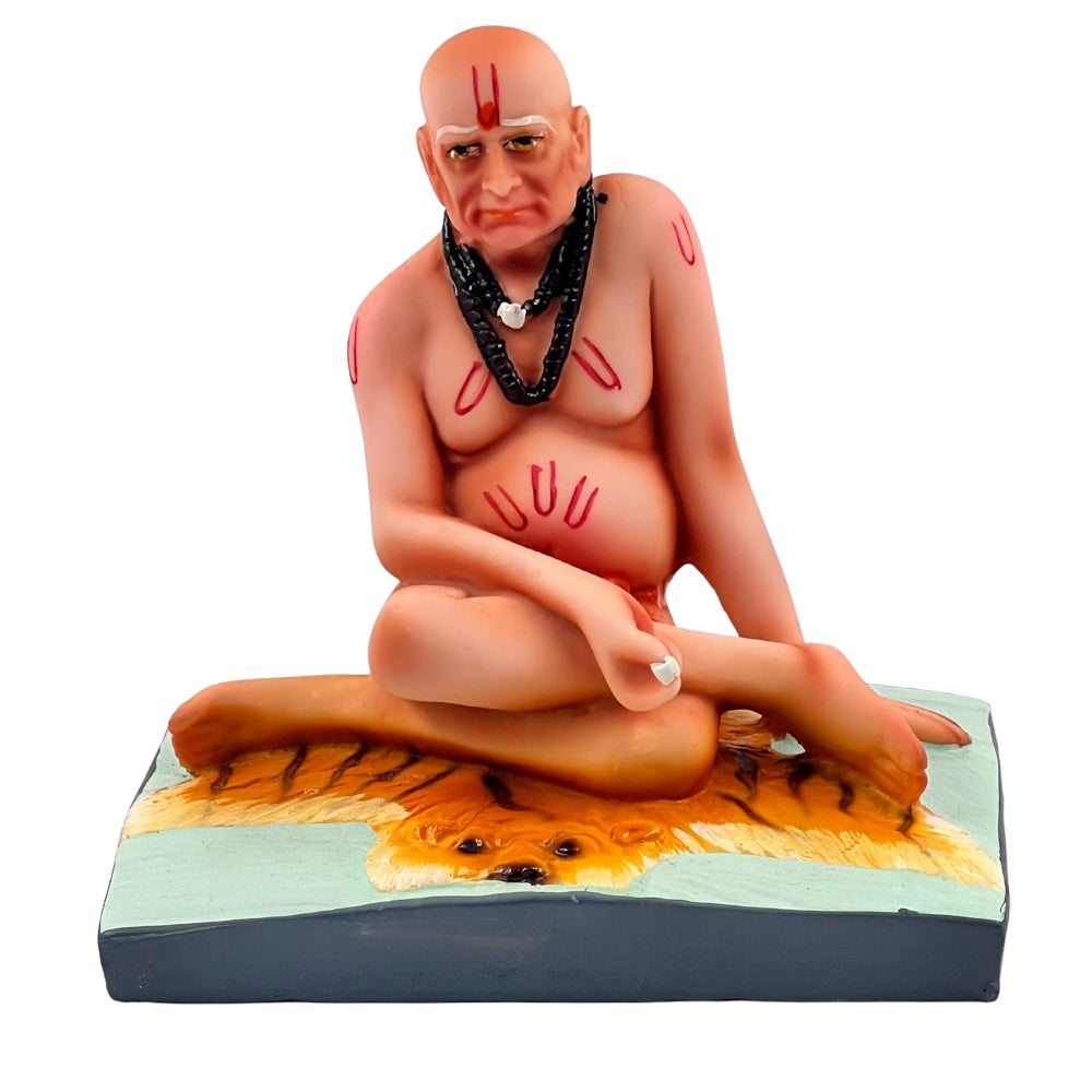 Swami Samarth Idol – 4.5 Inch Spiritual Statue with Black Mala on Tiger Skin Base
