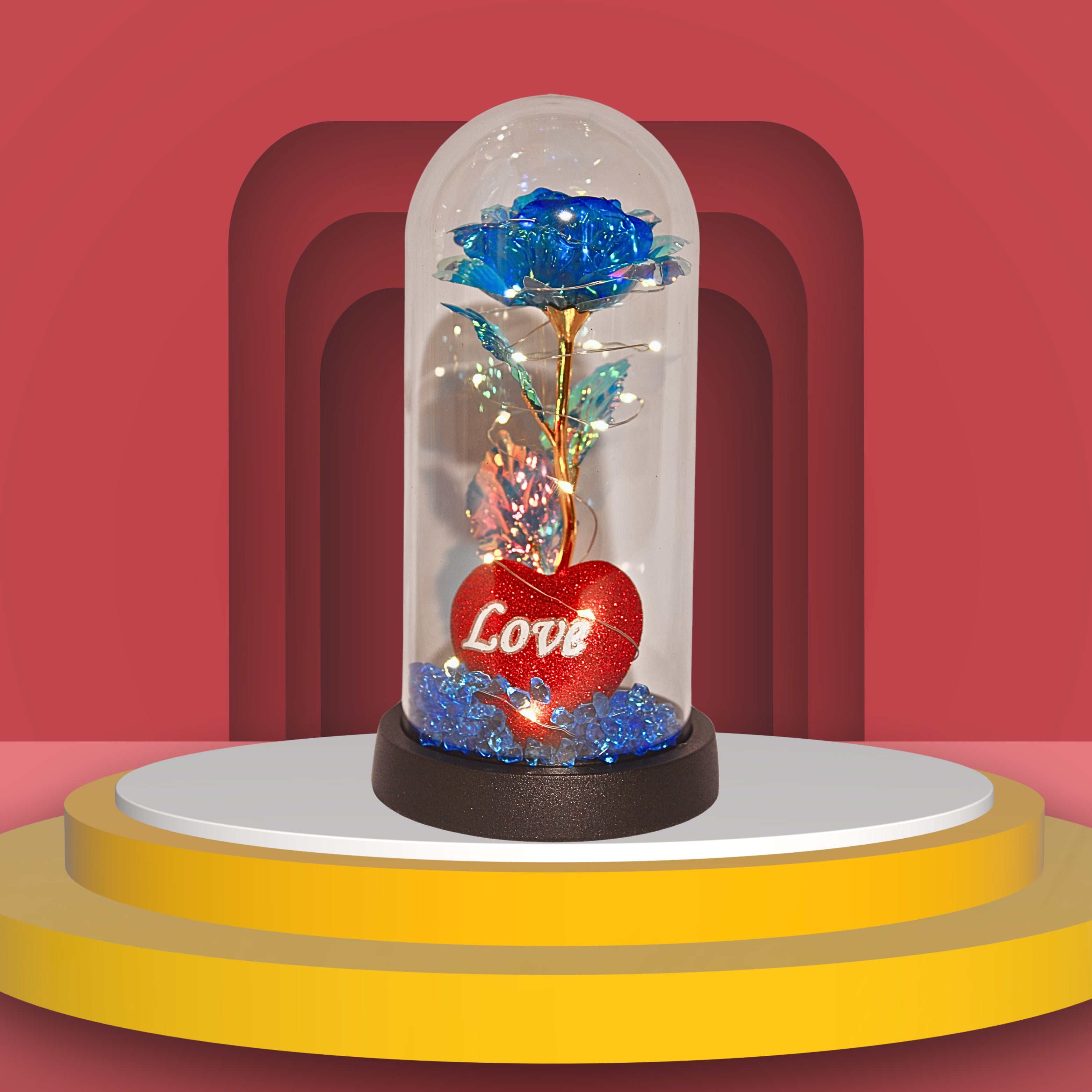 Luxury Blue Crystal Rose Dome with LED Lights – Elegant Romantic Gift