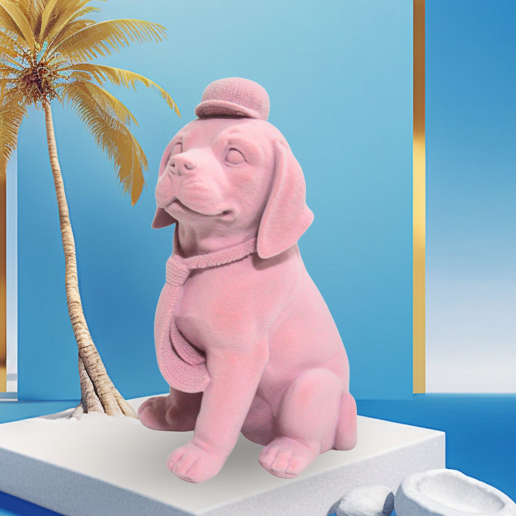 Pink Velvet Finish Luxury Dog Figurine – Elegant Resin Decor with Cap & Tie