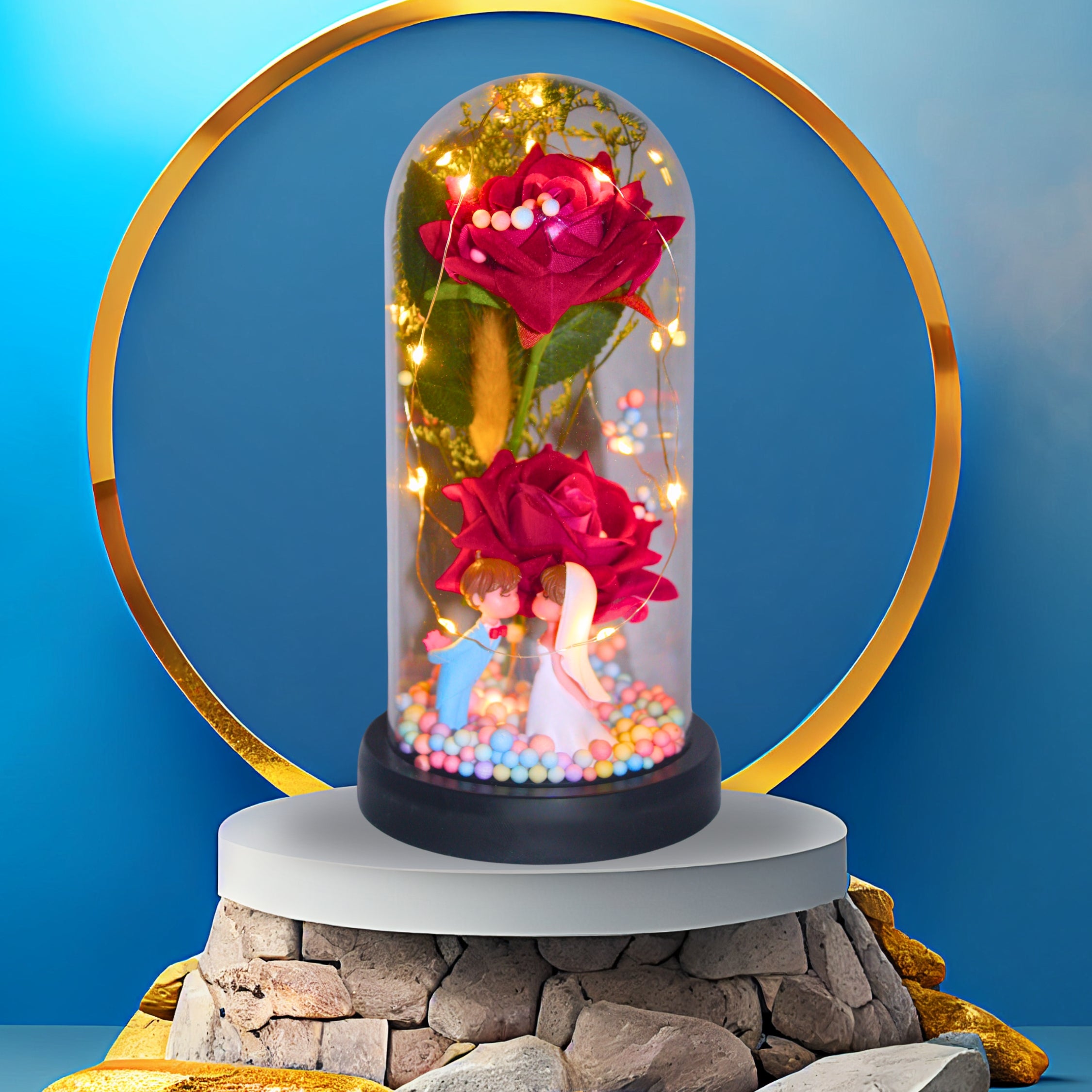 LED Glass Dome Artificial Rose with Couple Figurine