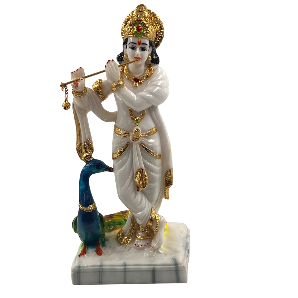 Elegant White Krishna Idol with Peacock – 9 Inch Decorative Statue for Home & Mandir