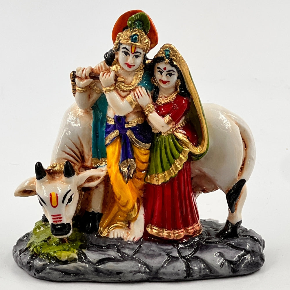 Miniature Radha Krishna with Cow Idol – 3.5 Inch Handcrafted Resin Statue
