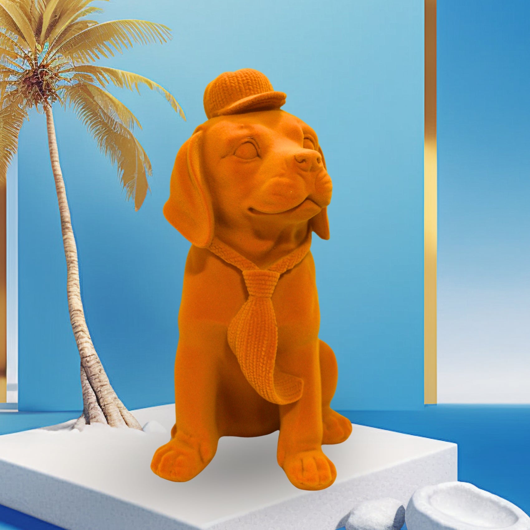 Orange Velvet Finish Luxury Dog Figurine – Elegant Resin Decor with Cap & Tie