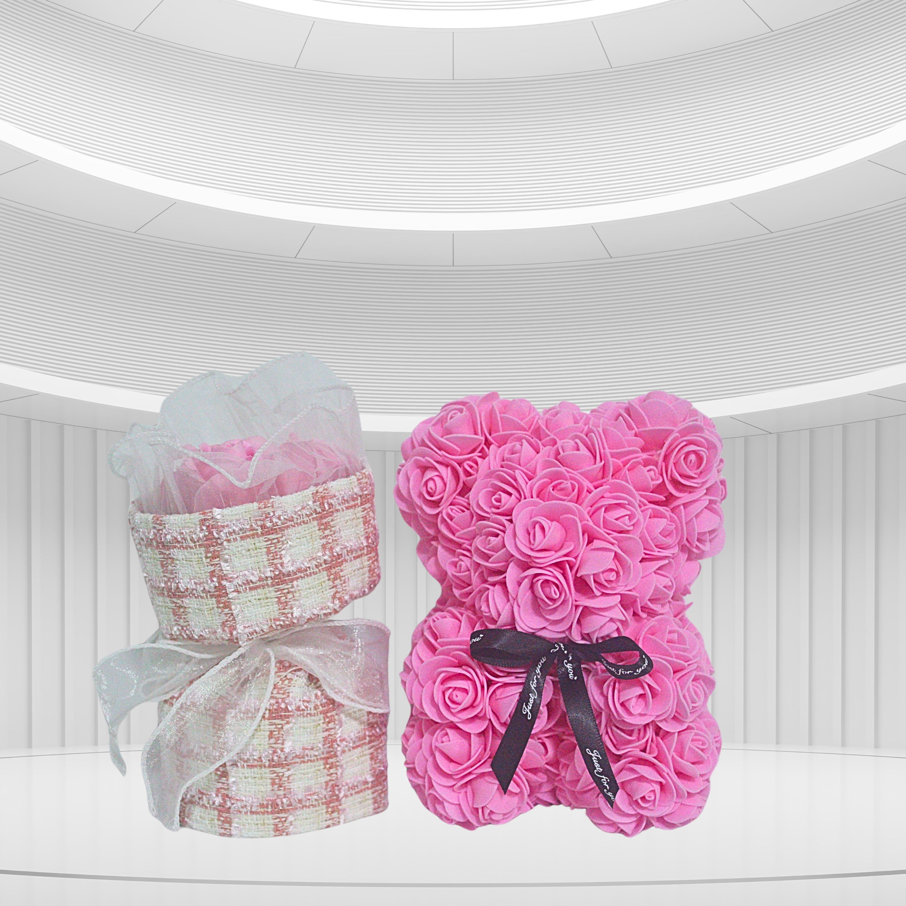 Elegant Foam Flower Teddy & Bouquet Hamper – A Unique Gift of Love (PINK)