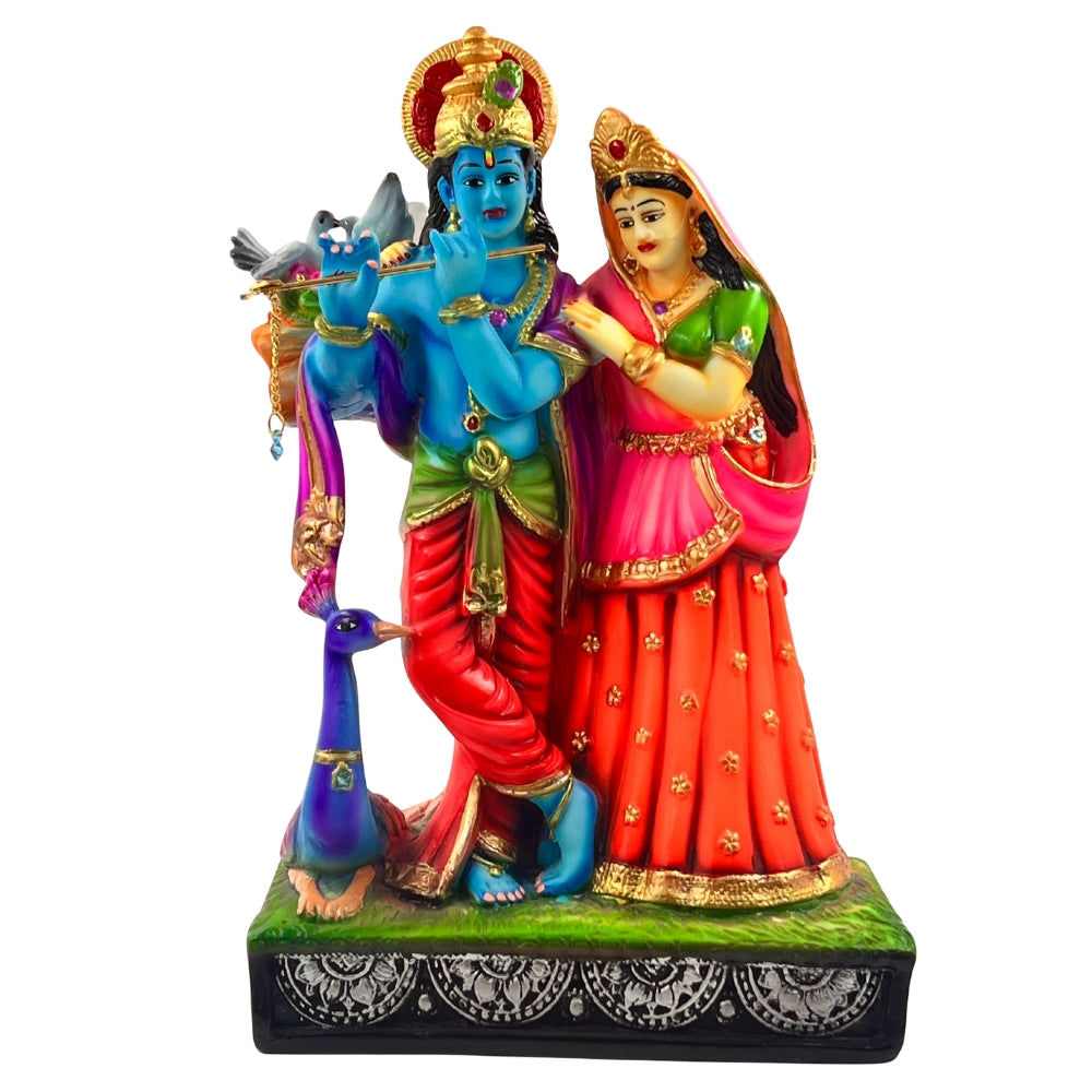 12 Inch Radha Krishna Idol with Peacock – Multicolor Decorative Resin Statue