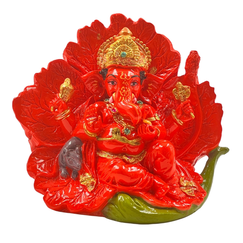 4-Inch Red Leaf Ganesha Idol – Vibrant Decorative Ganpati Statue for Home & Gifts