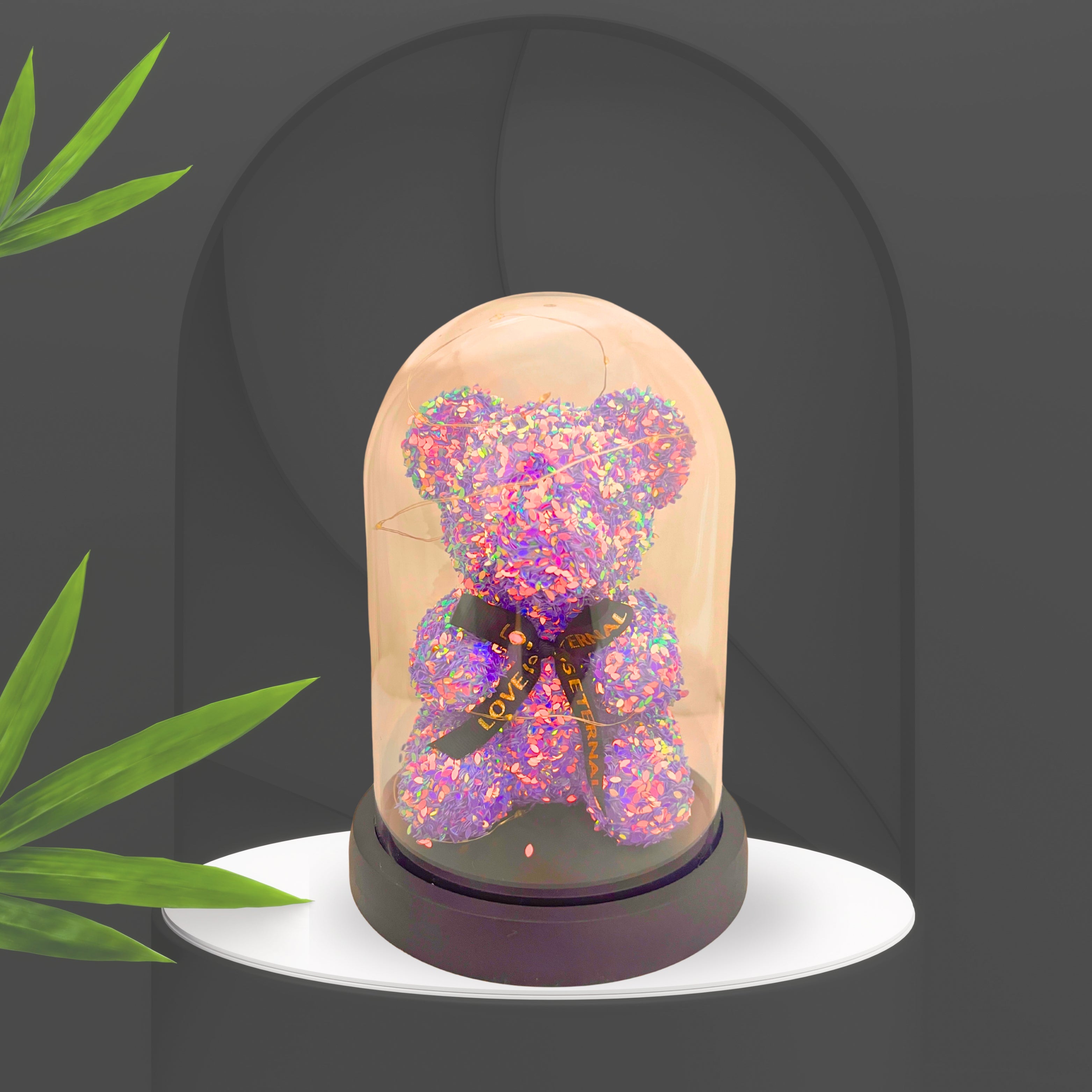 Shimmer Glow LED Teddy Bear – Elegant Gift in Glass Dome ( PURPLE )