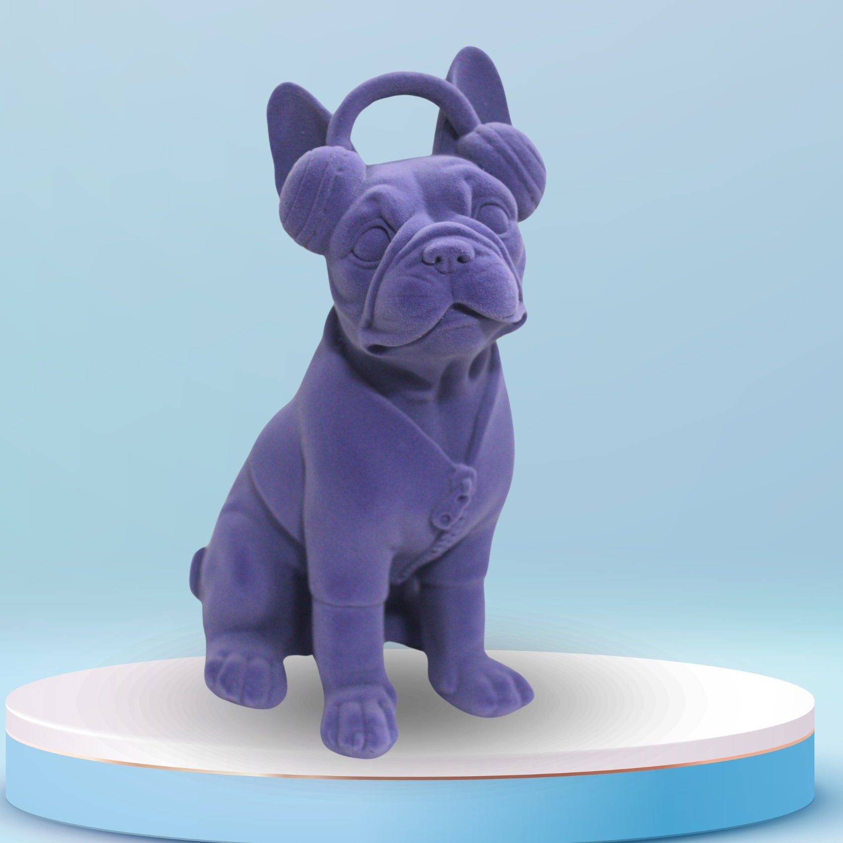 Purple Premium Velvet French Bulldog Showpiece – Elegant Resin Figurine with Headphones & Jacket