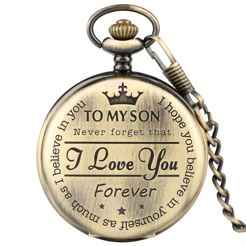 "To My Son" Engraved Vintage Pocket Watch Keychain – Inspirational Gift from Dad/Mom