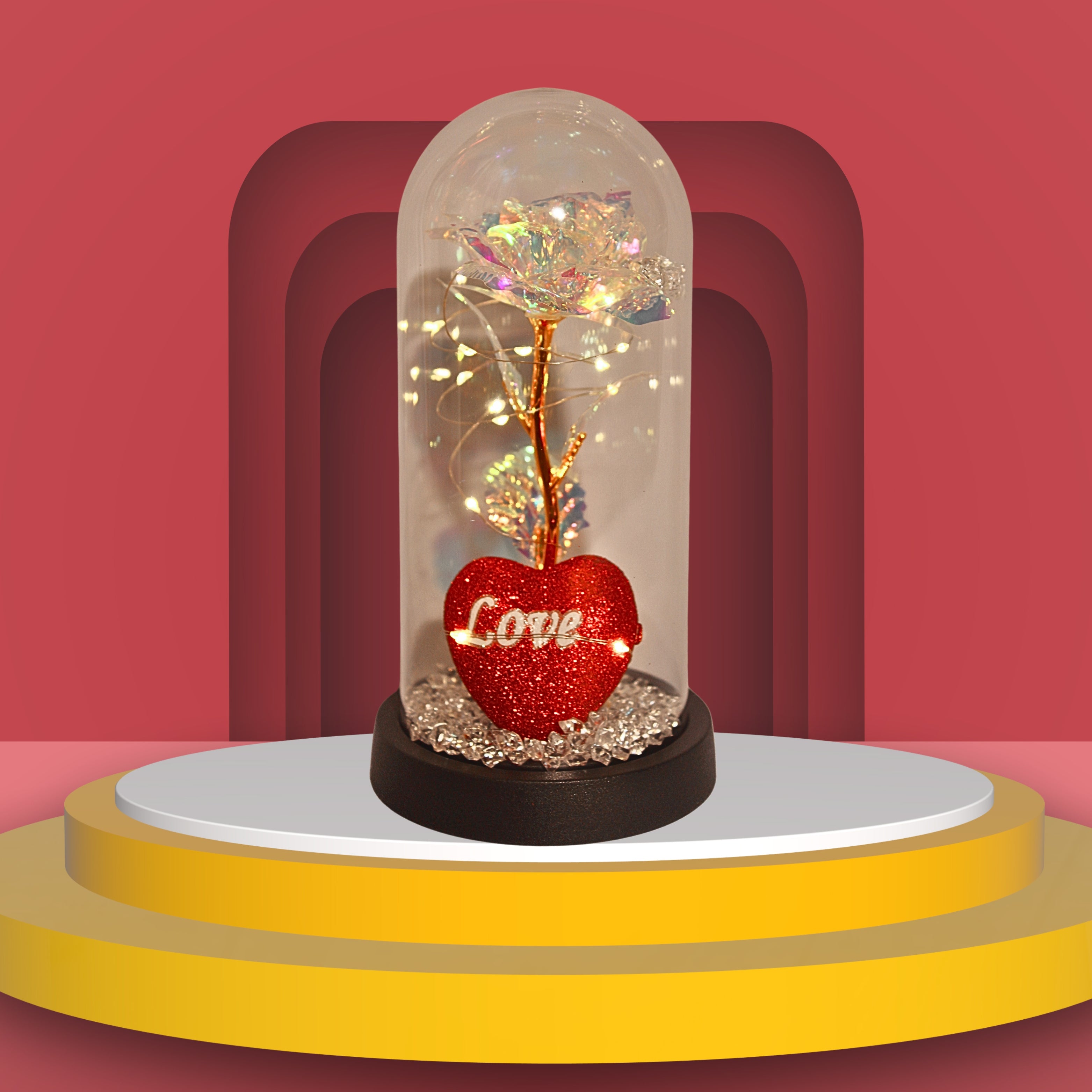 Luxury White Crystal Rose Dome with LED Lights – Elegant Romantic Gift