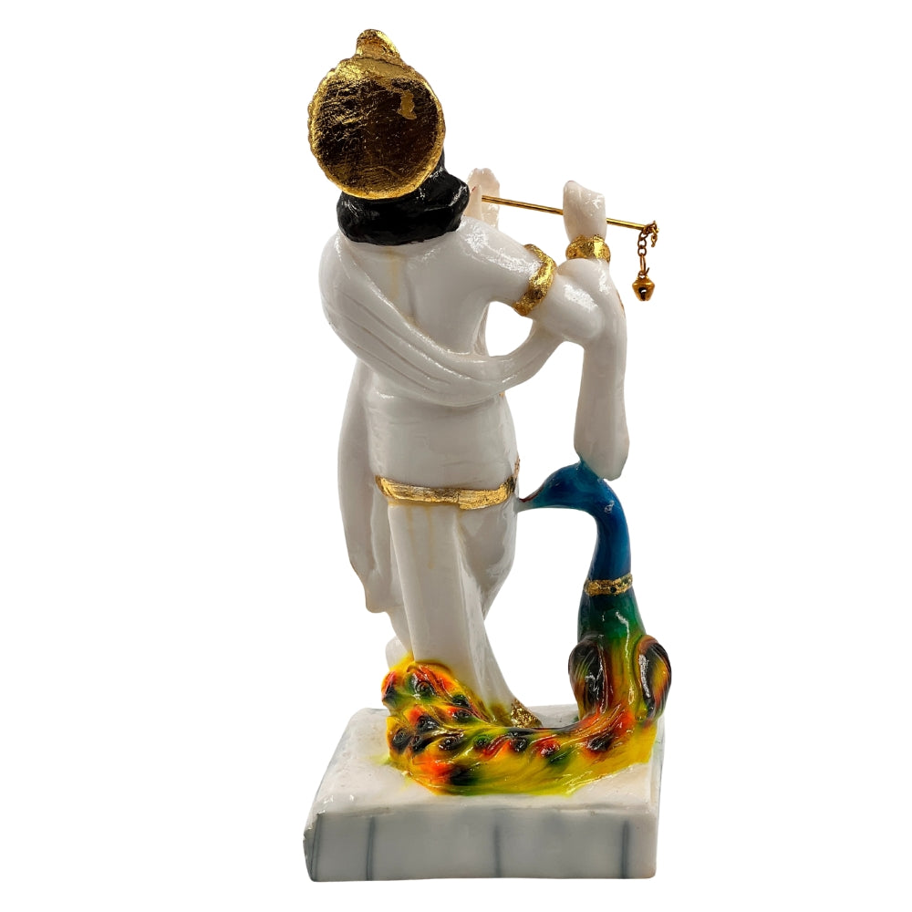Elegant White Krishna Idol with Peacock – 9 Inch Decorative Statue for Home & Mandir