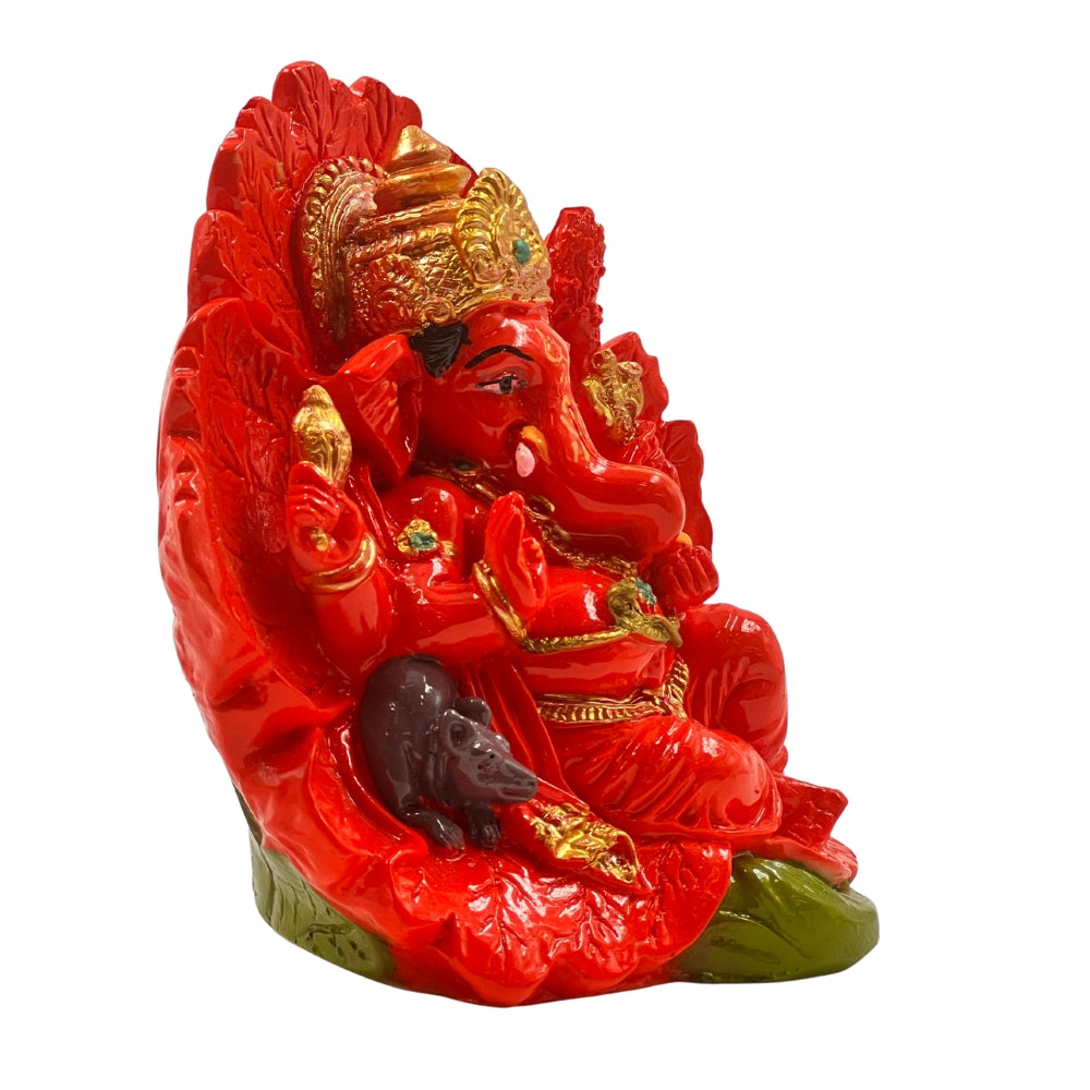 4-Inch Red Leaf Ganesha Idol – Vibrant Decorative Ganpati Statue for Home & Gifts