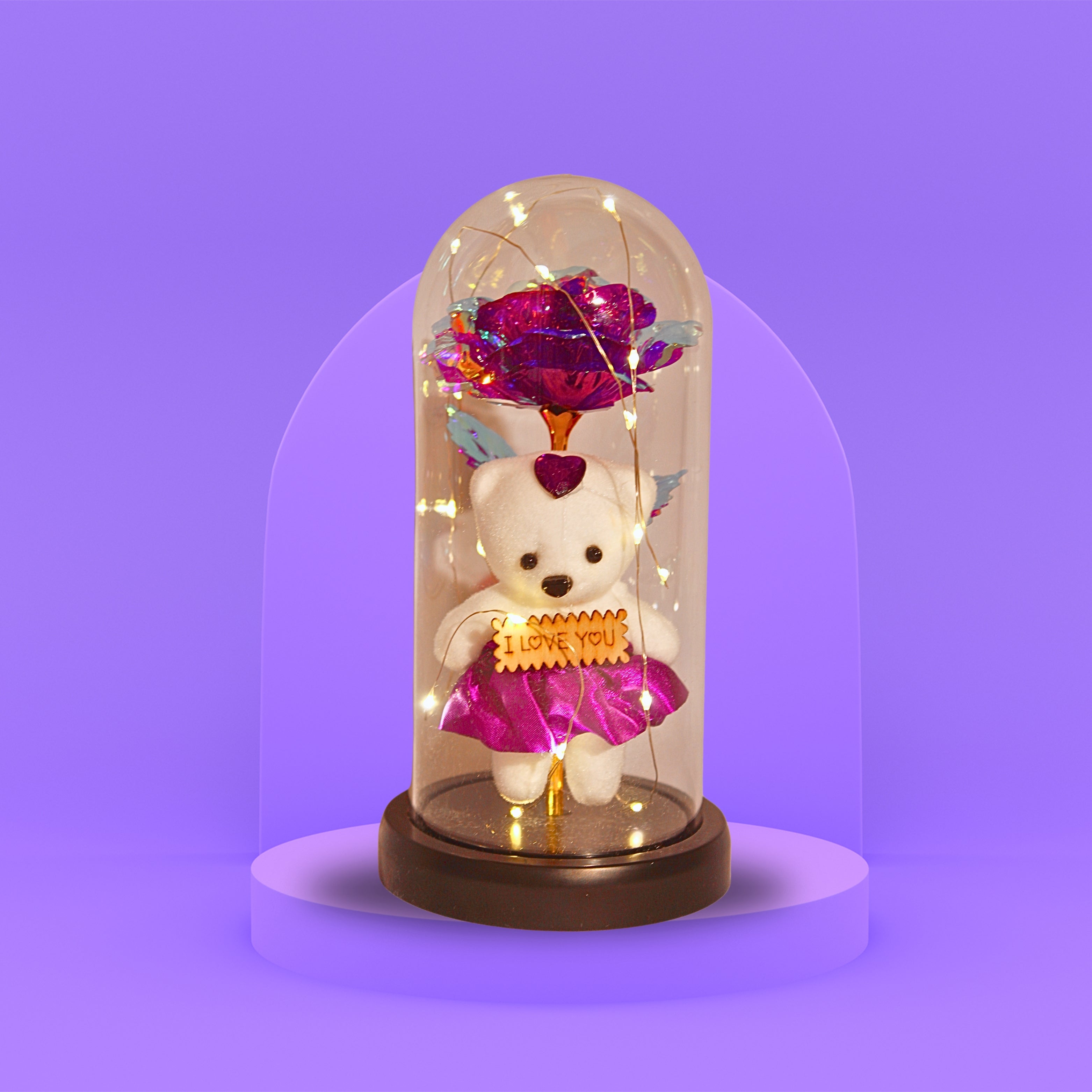 Romantic LED Glass Dome with Purple Rose & Teddy Bear – Elegant Gift for Loved Ones