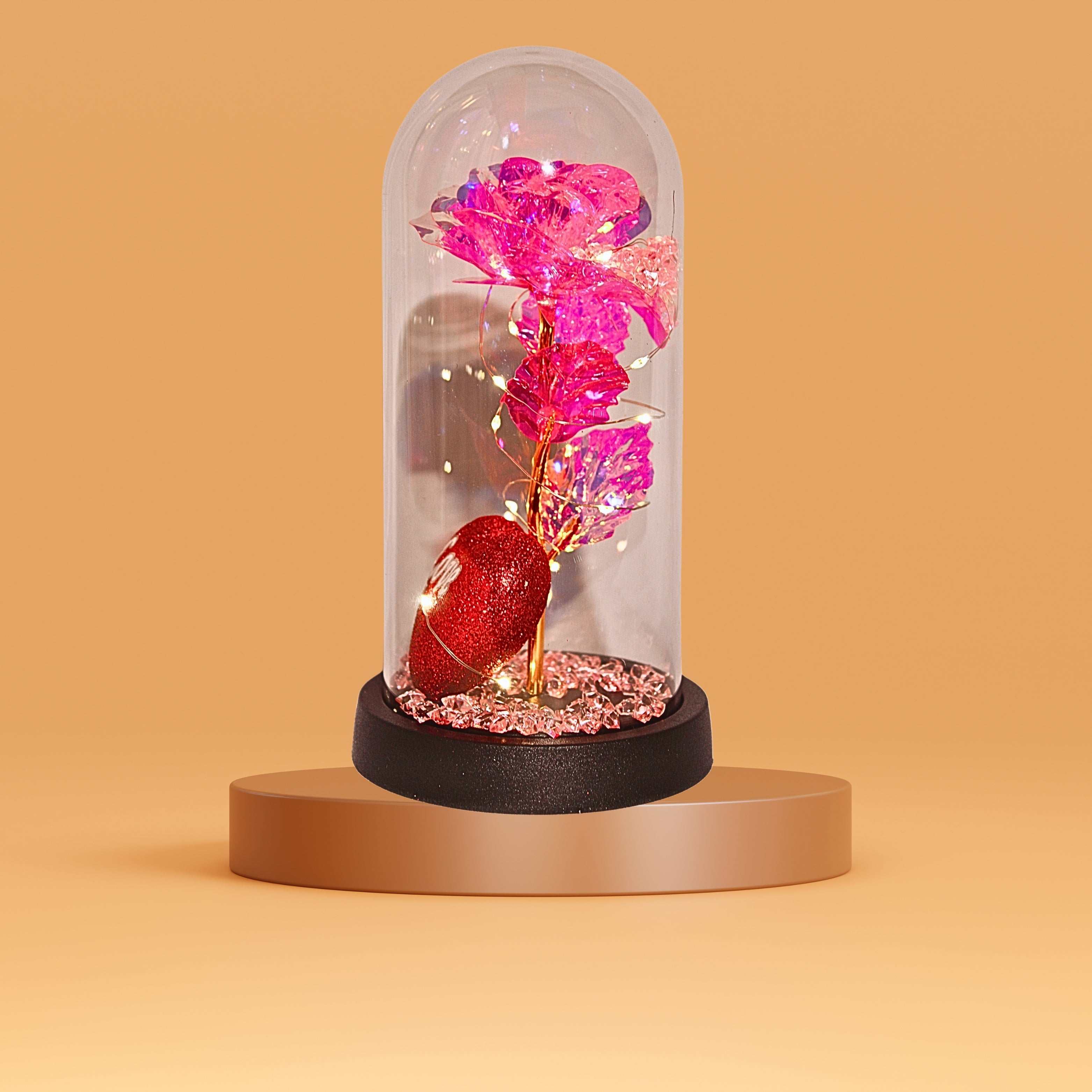 Luxury Pink Crystal Rose Dome with LED Lights – Elegant Romantic Gift