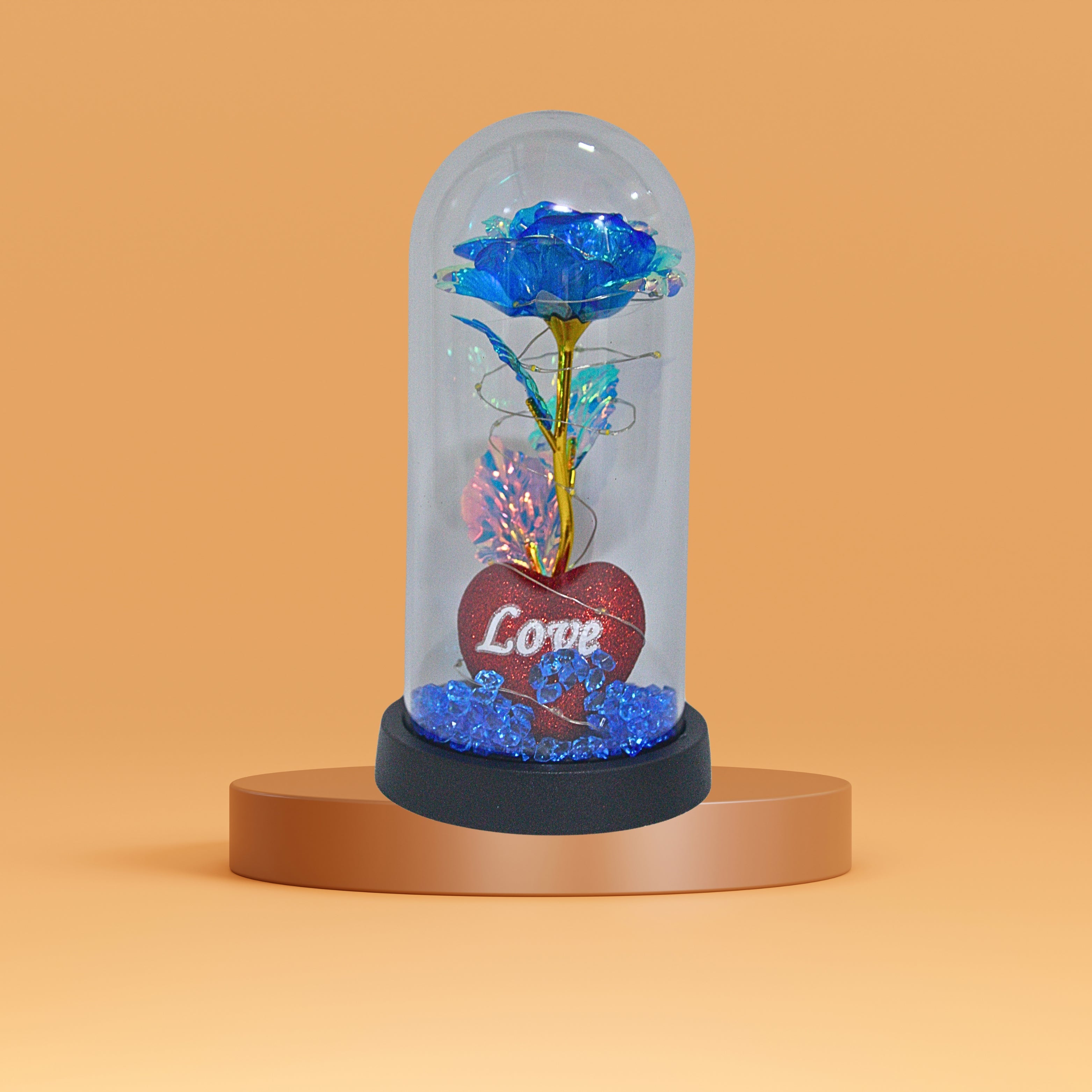 Luxury Blue Crystal Rose Dome with LED Lights – Elegant Romantic Gift