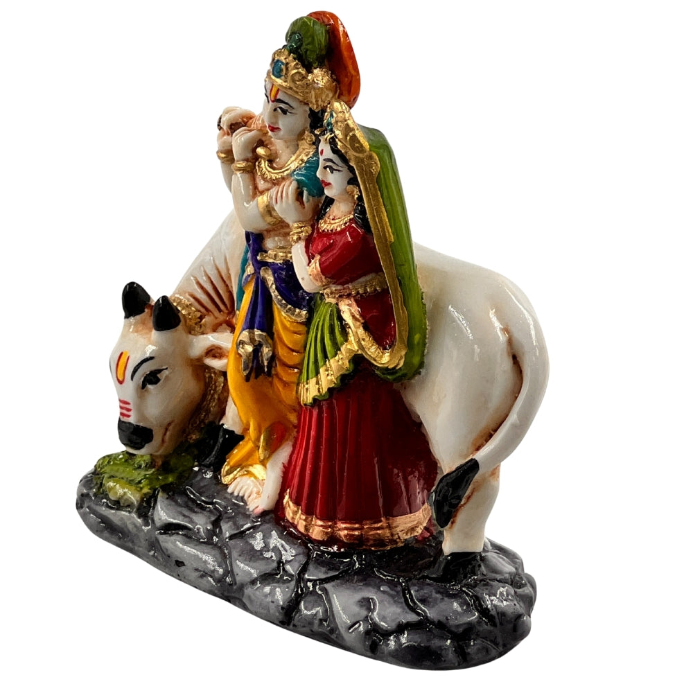 Miniature Radha Krishna with Cow Idol – 3.5 Inch Handcrafted Resin Statue