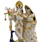 12 Inch Radha Krishna Idol with Peacock – White & Gold Decorative Statue