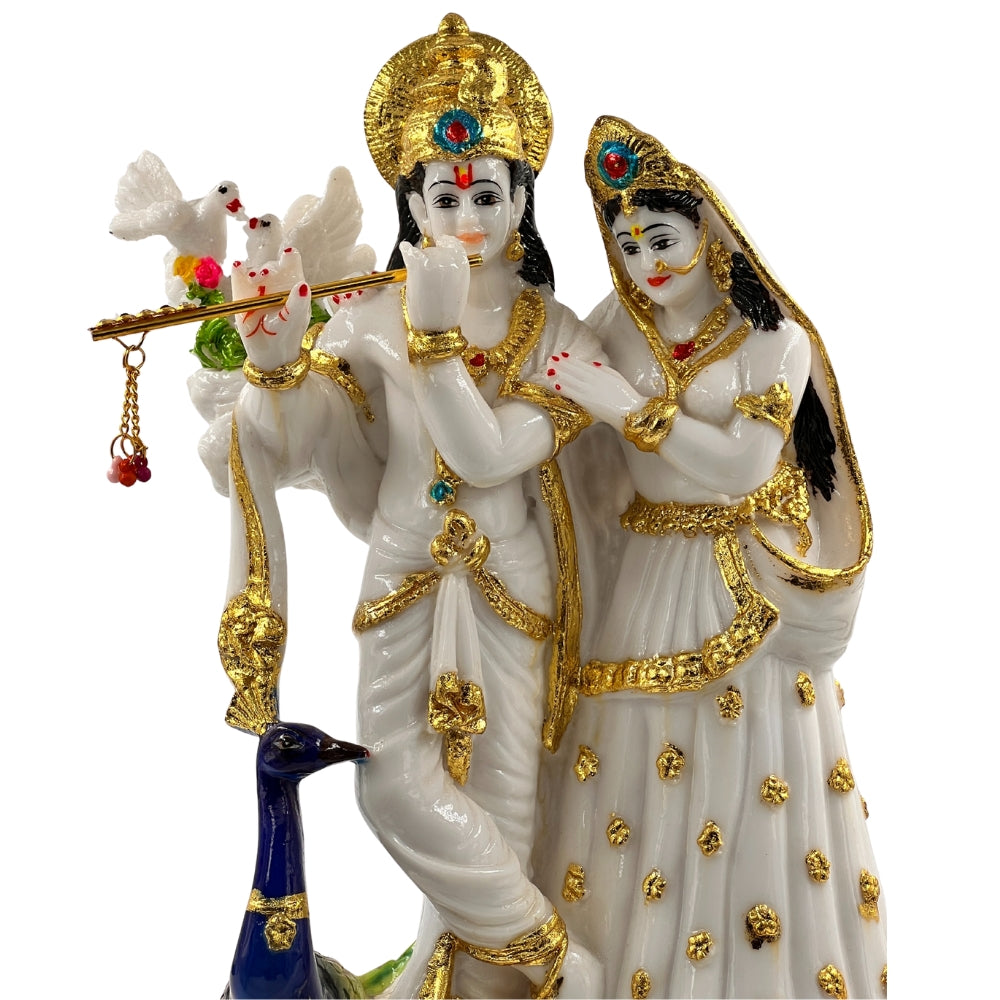 12 Inch Radha Krishna Idol with Peacock – White & Gold Decorative Statue