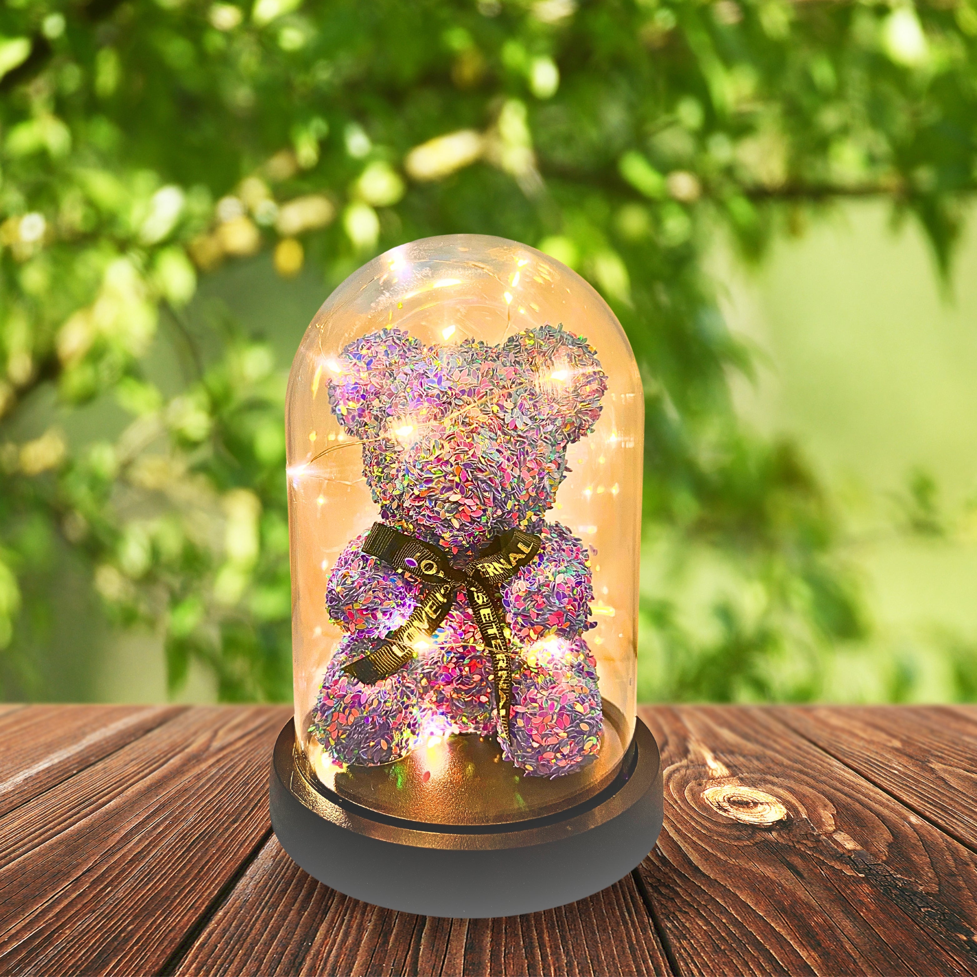 Shimmer Glow LED Teddy Bear – Elegant Gift in Glass Dome ( PURPLE )