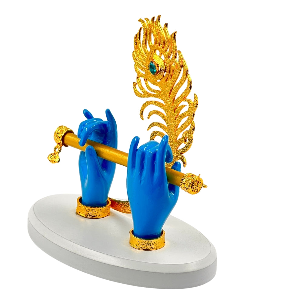 Divine Krishna Handcrafted Decor – Flute & Peacock Feather Showpiece (4.5 inch) BLUE