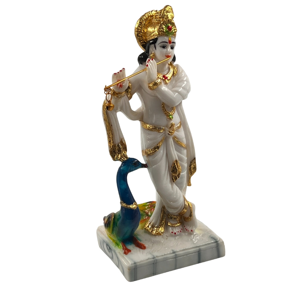 Elegant White Krishna Idol with Peacock – 9 Inch Decorative Statue for Home & Mandir