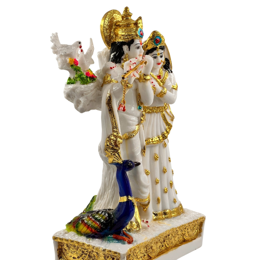 12 Inch Radha Krishna Idol with Peacock – White & Gold Decorative Statue