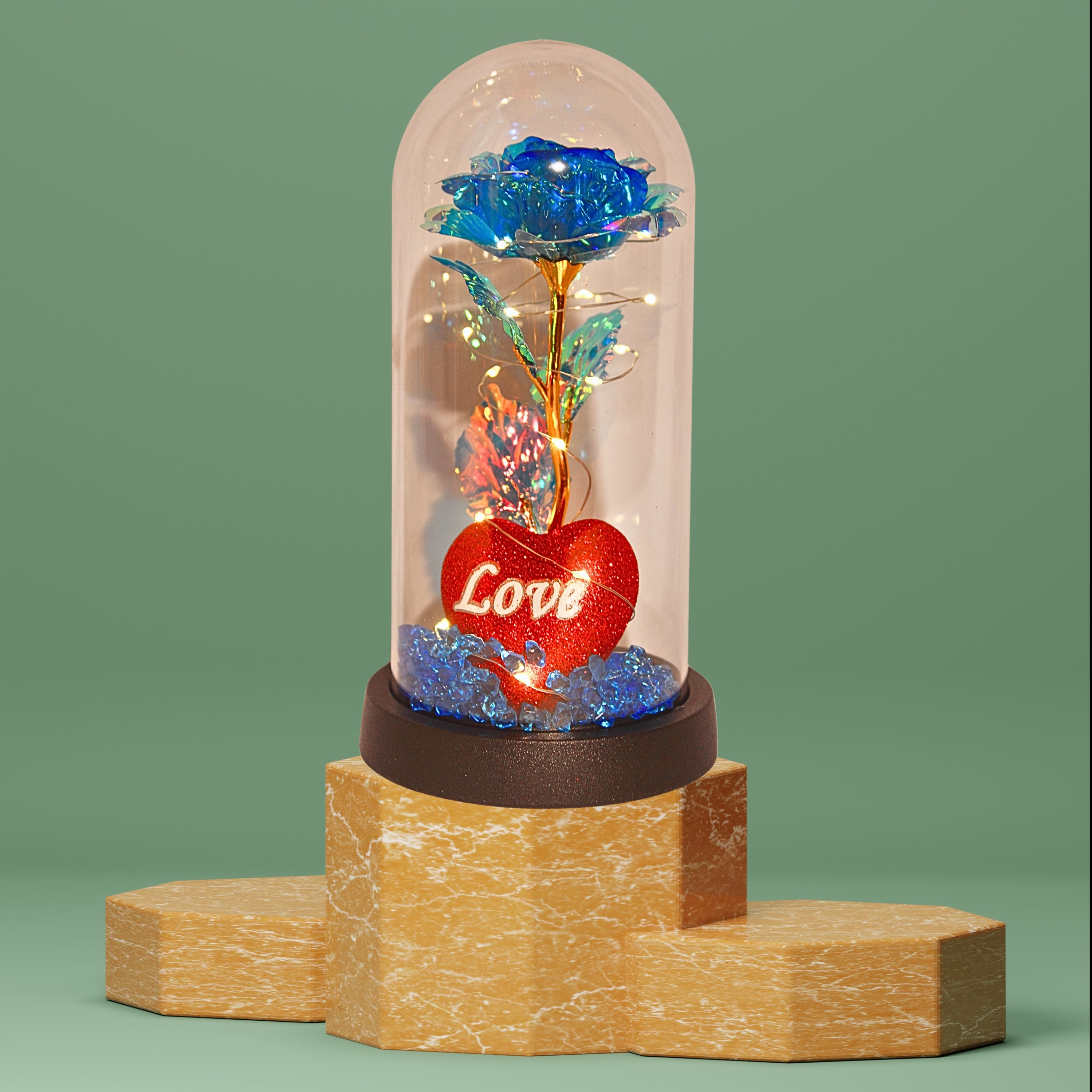 Luxury Blue Crystal Rose Dome with LED Lights – Elegant Romantic Gift