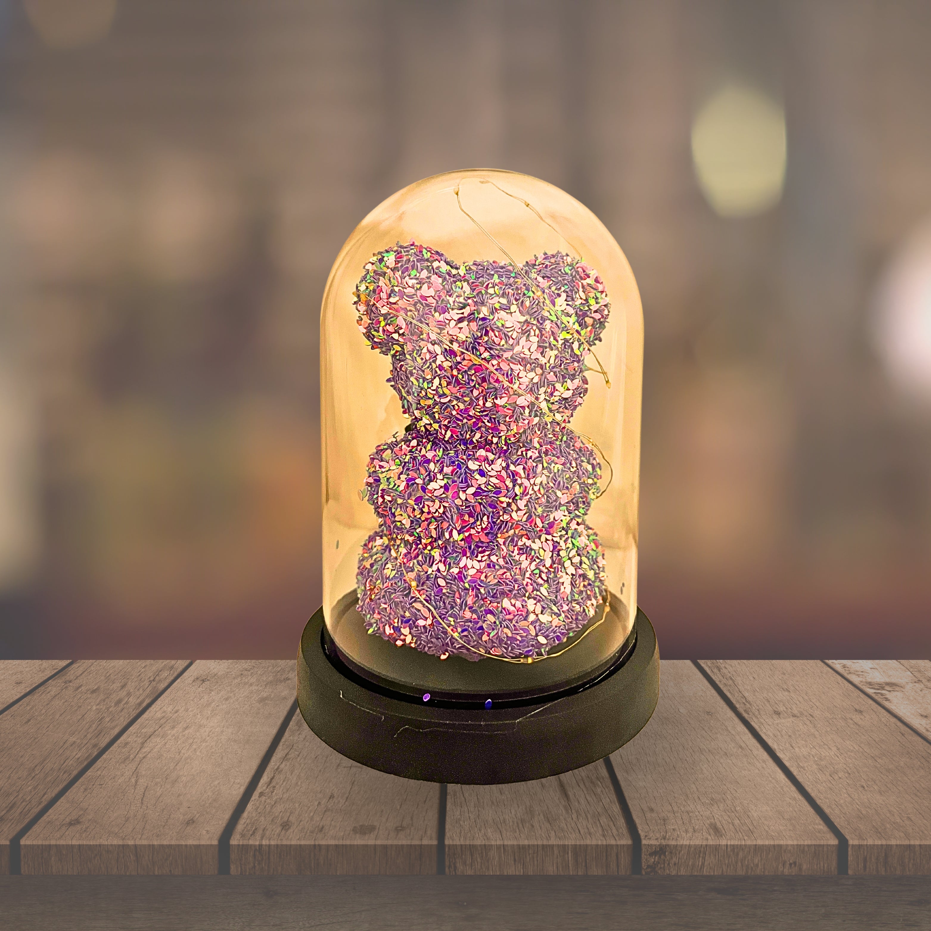 Shimmer Glow LED Teddy Bear – Elegant Gift in Glass Dome ( PURPLE )
