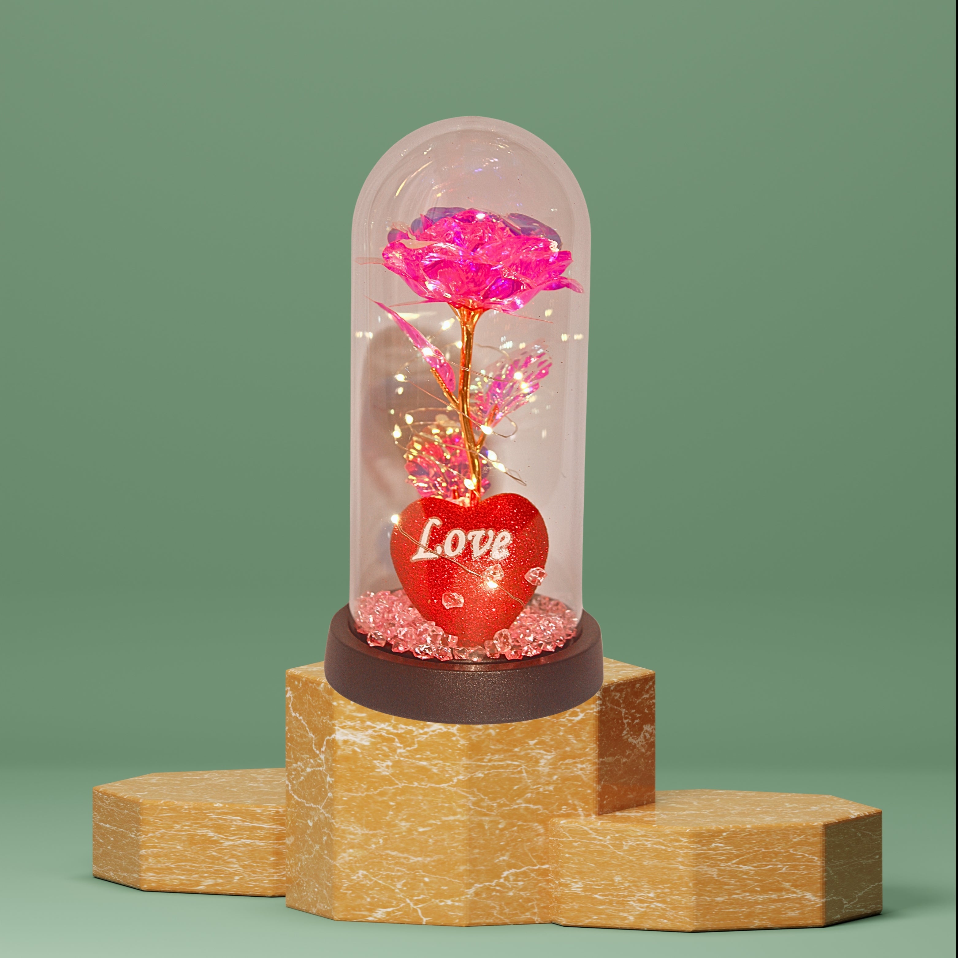 Luxury Pink Crystal Rose Dome with LED Lights – Elegant Romantic Gift