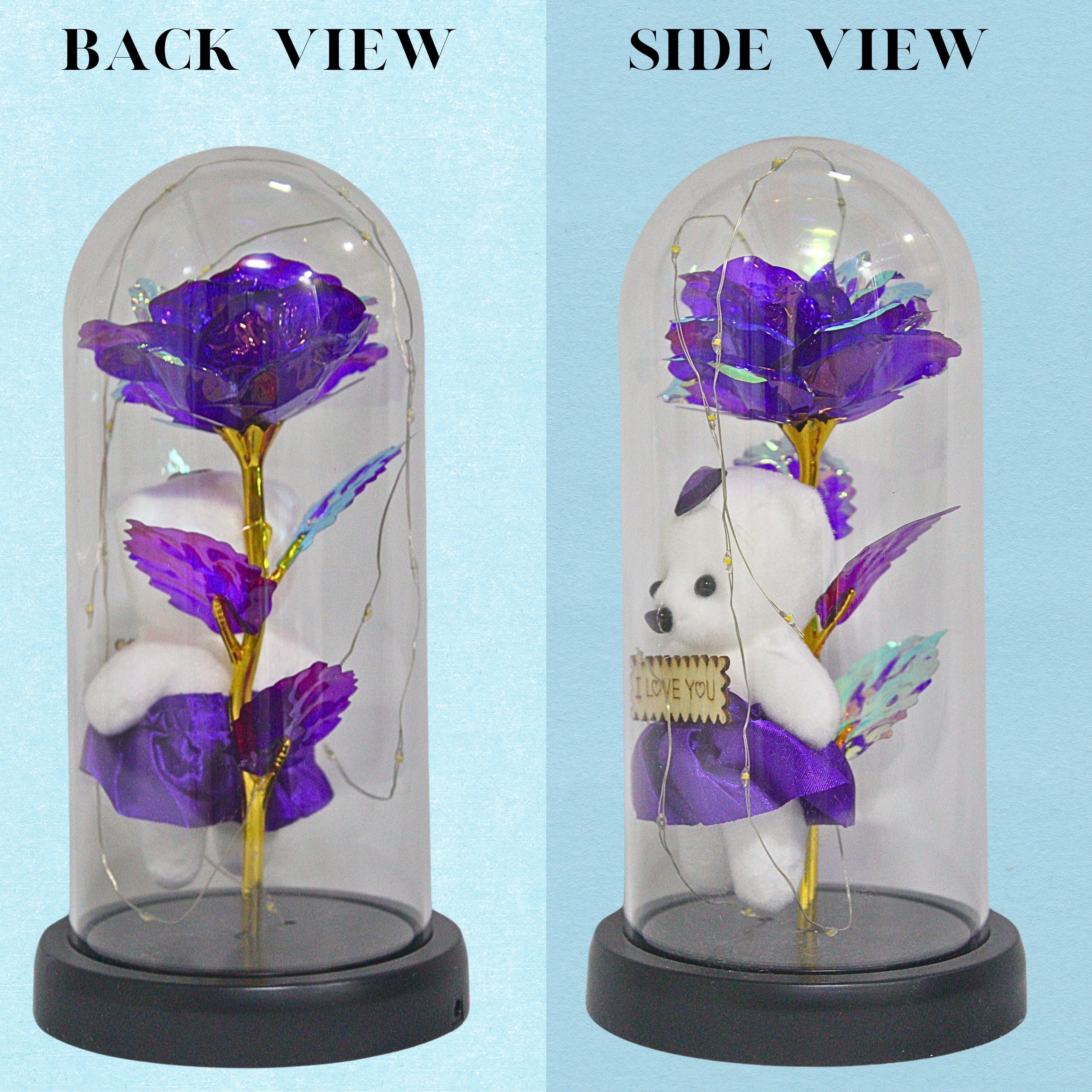 Romantic LED Glass Dome with Purple Rose & Teddy Bear – Elegant Gift for Loved Ones