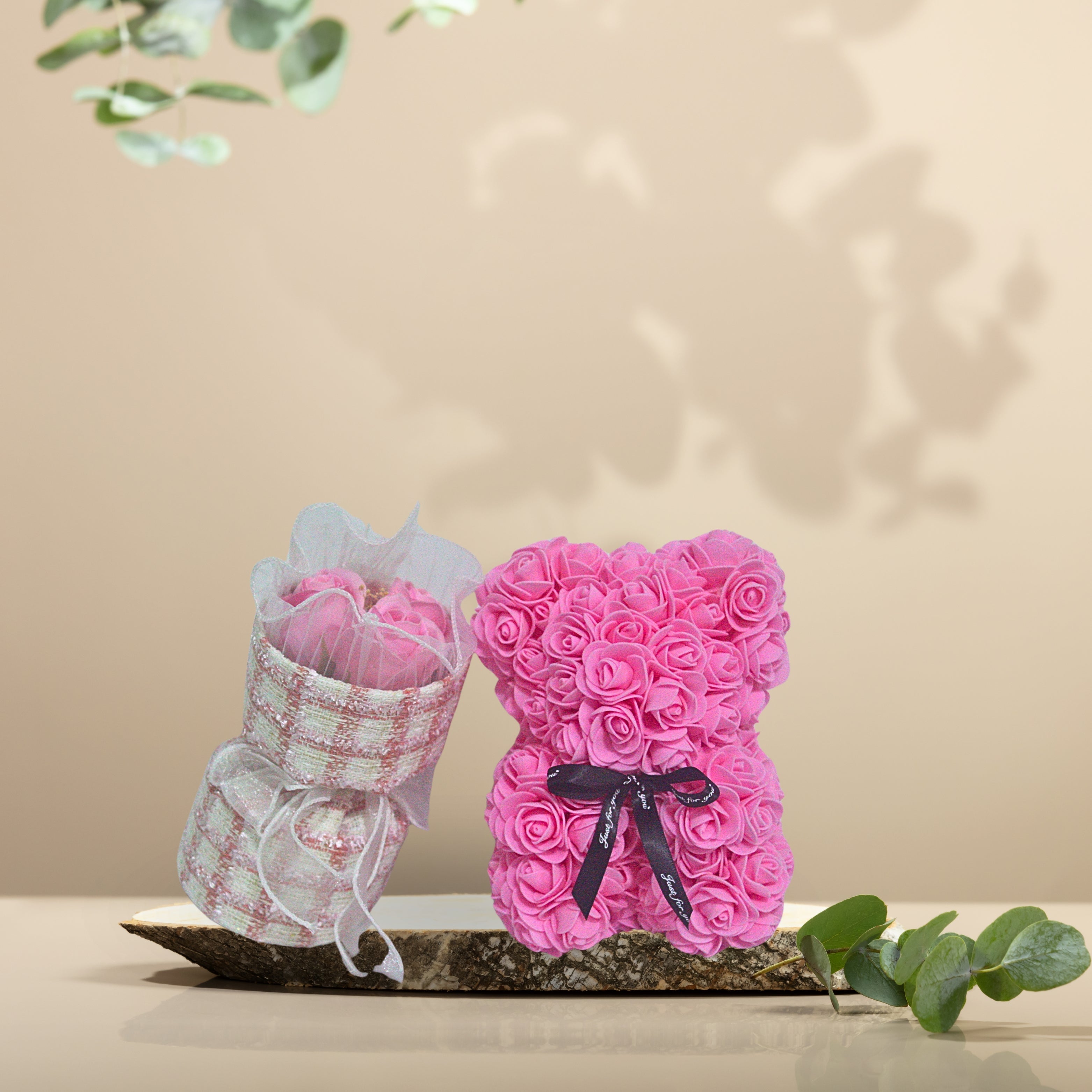 Elegant Foam Flower Teddy & Bouquet Hamper – A Unique Gift of Love (PINK)