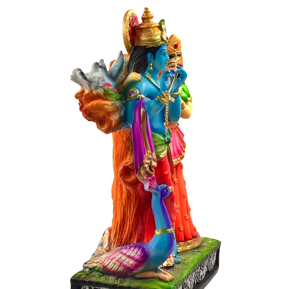 12 Inch Radha Krishna Idol with Peacock – Multicolor Decorative Resin Statue
