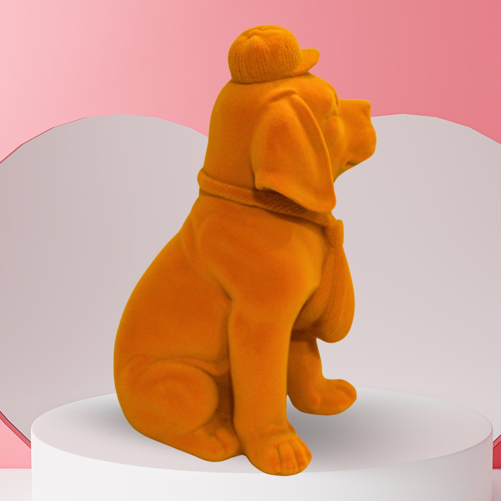 Orange Velvet Finish Luxury Dog Figurine – Elegant Resin Decor with Cap & Tie