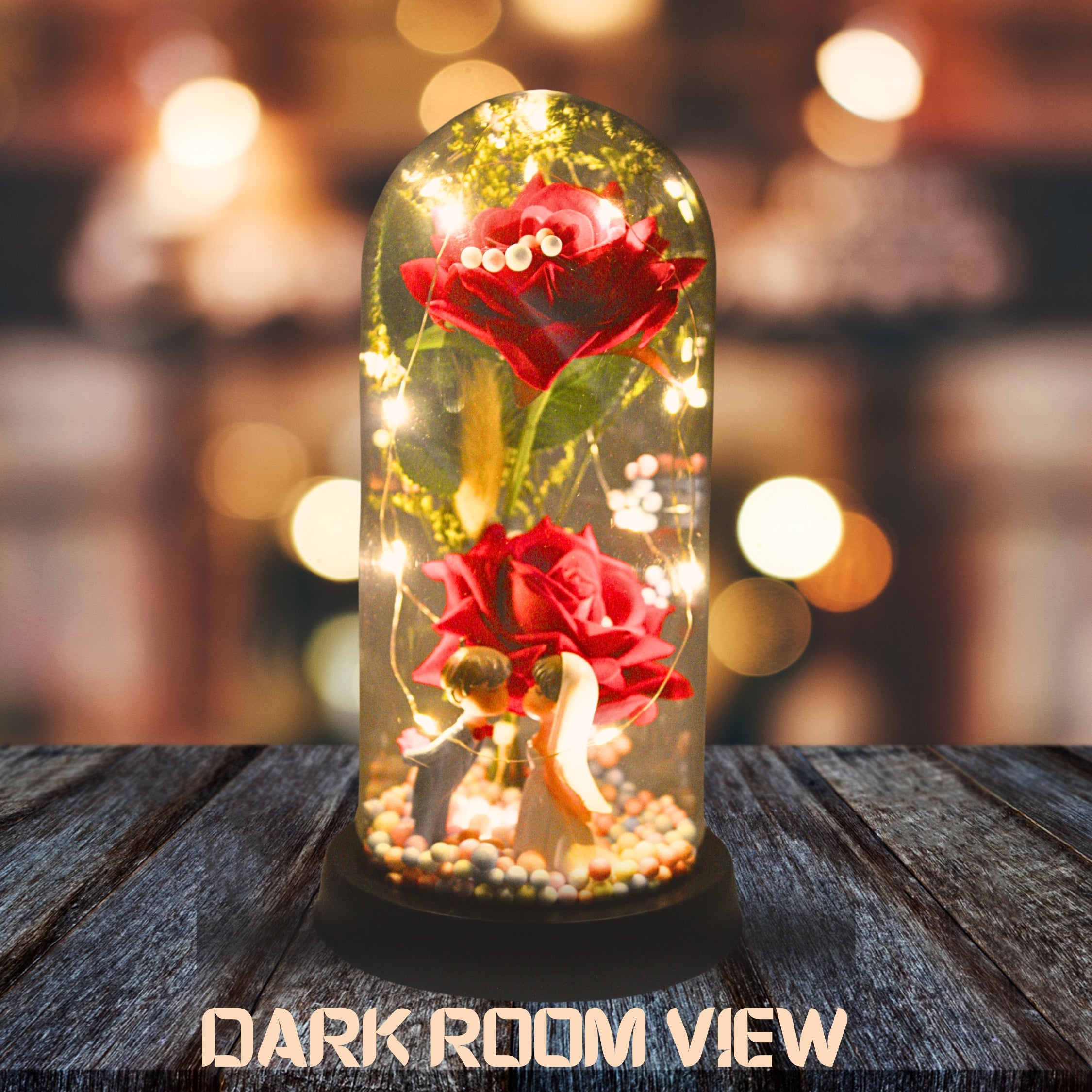 LED Glass Dome Artificial Rose with Couple Figurine