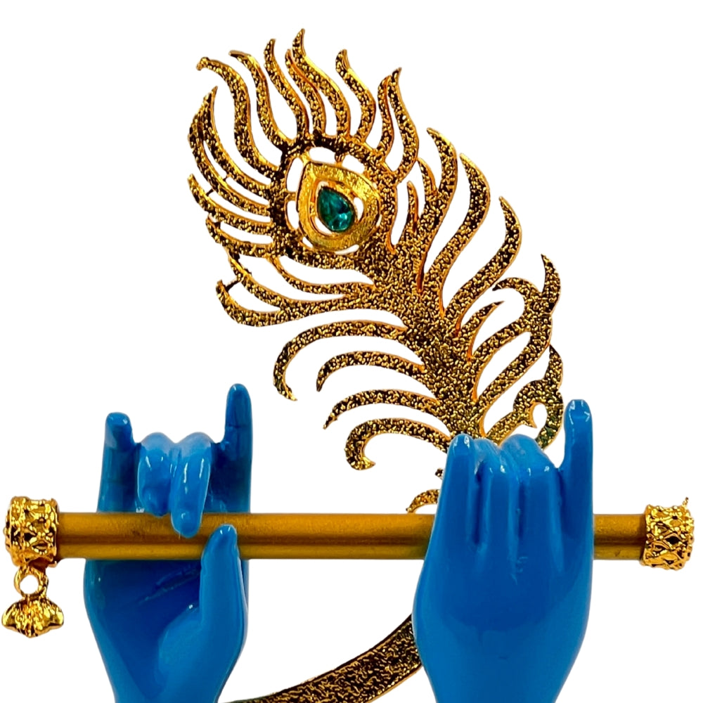 Divine Krishna Handcrafted Decor – Flute & Peacock Feather Showpiece (4.5 inch) BLUE