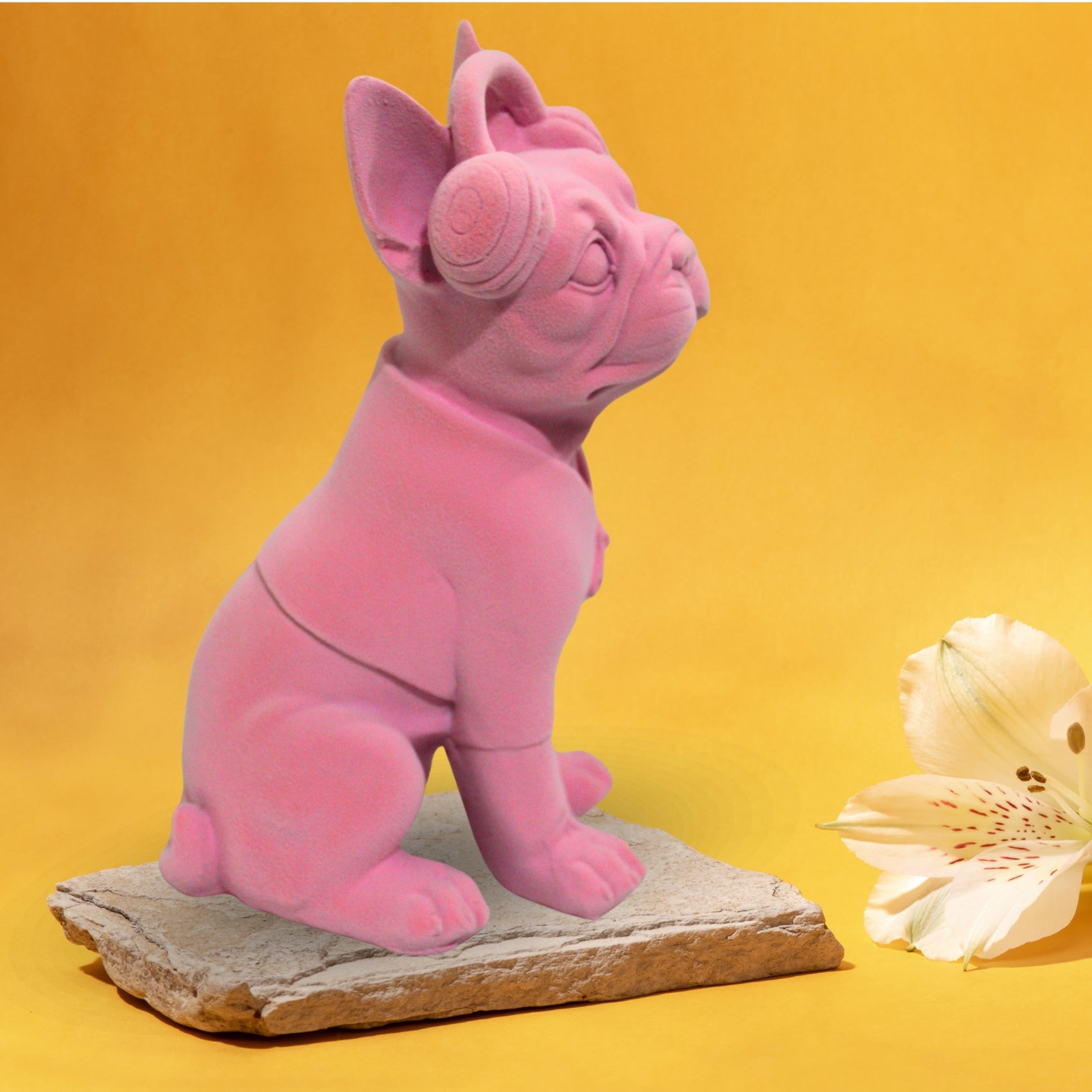 Pink Premium Velvet French Bulldog Showpiece – Elegant Resin Figurine with Headphones & Jacket
