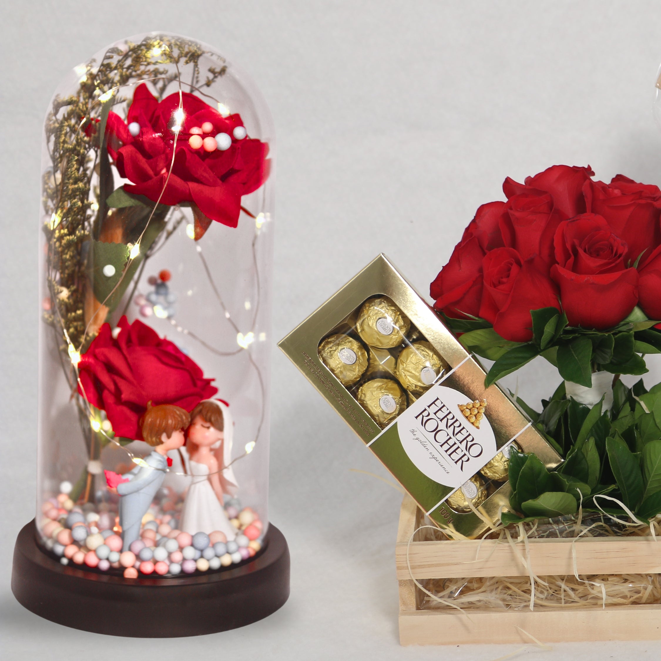 LED Glass Dome Artificial Rose with Couple Figurine