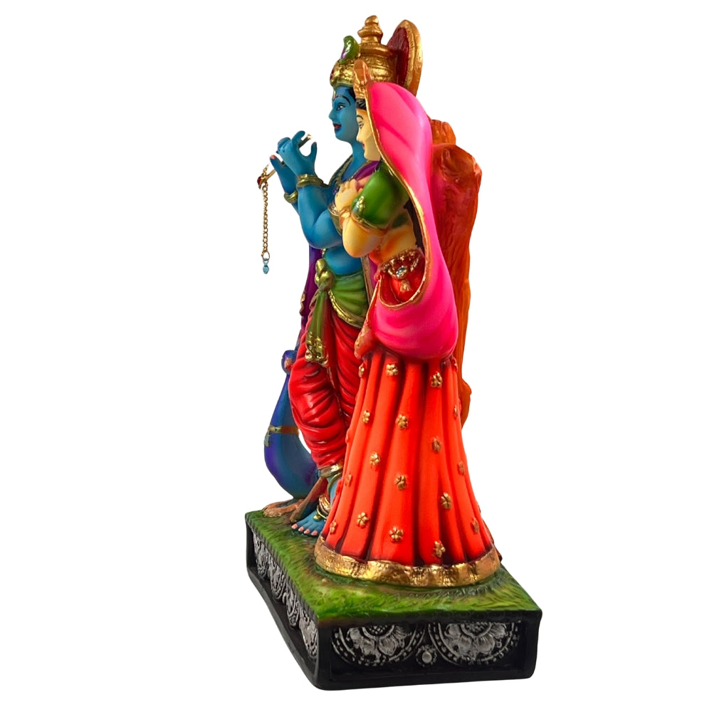 12 Inch Radha Krishna Idol with Peacock – Multicolor Decorative Resin Statue