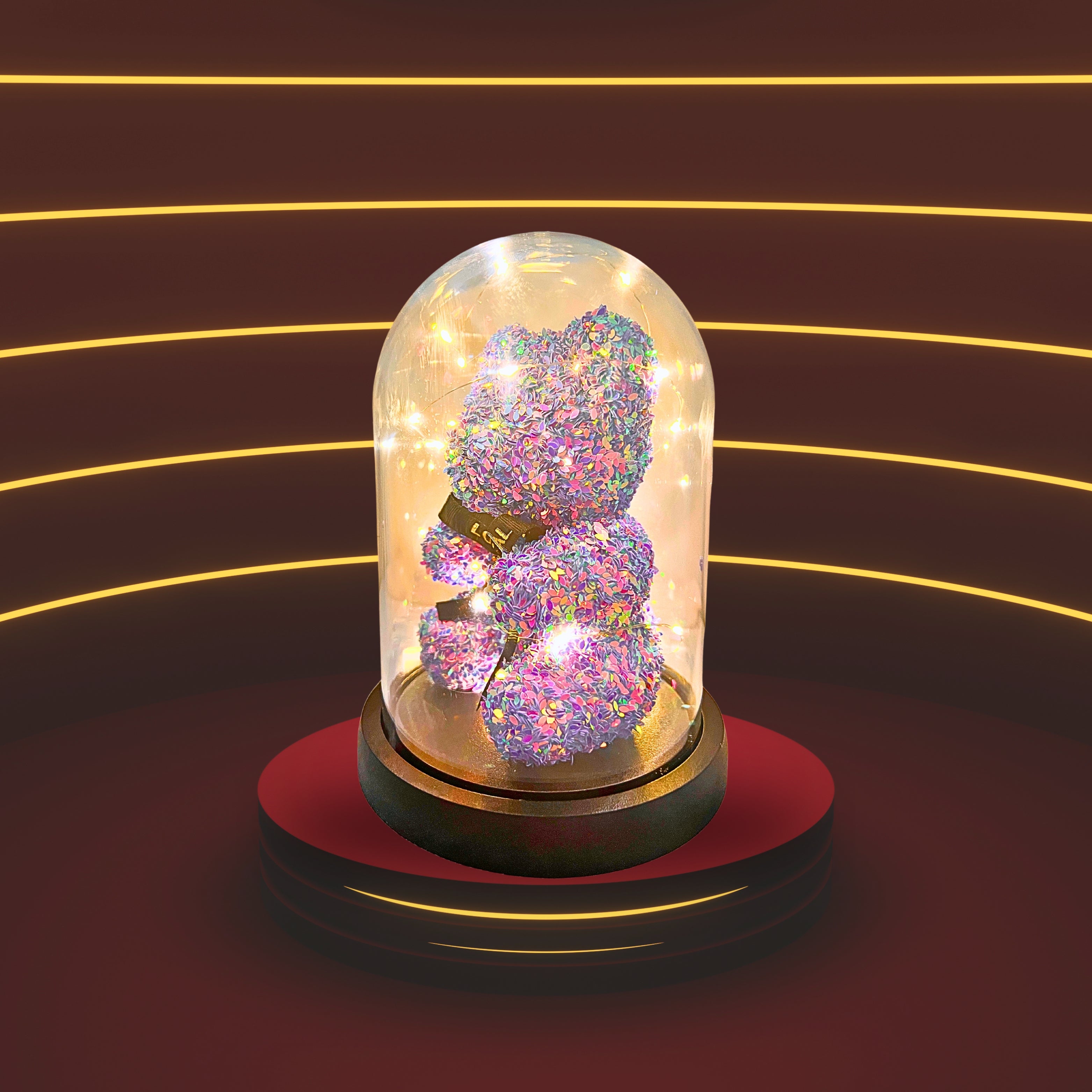 Shimmer Glow LED Teddy Bear – Elegant Gift in Glass Dome ( PURPLE )
