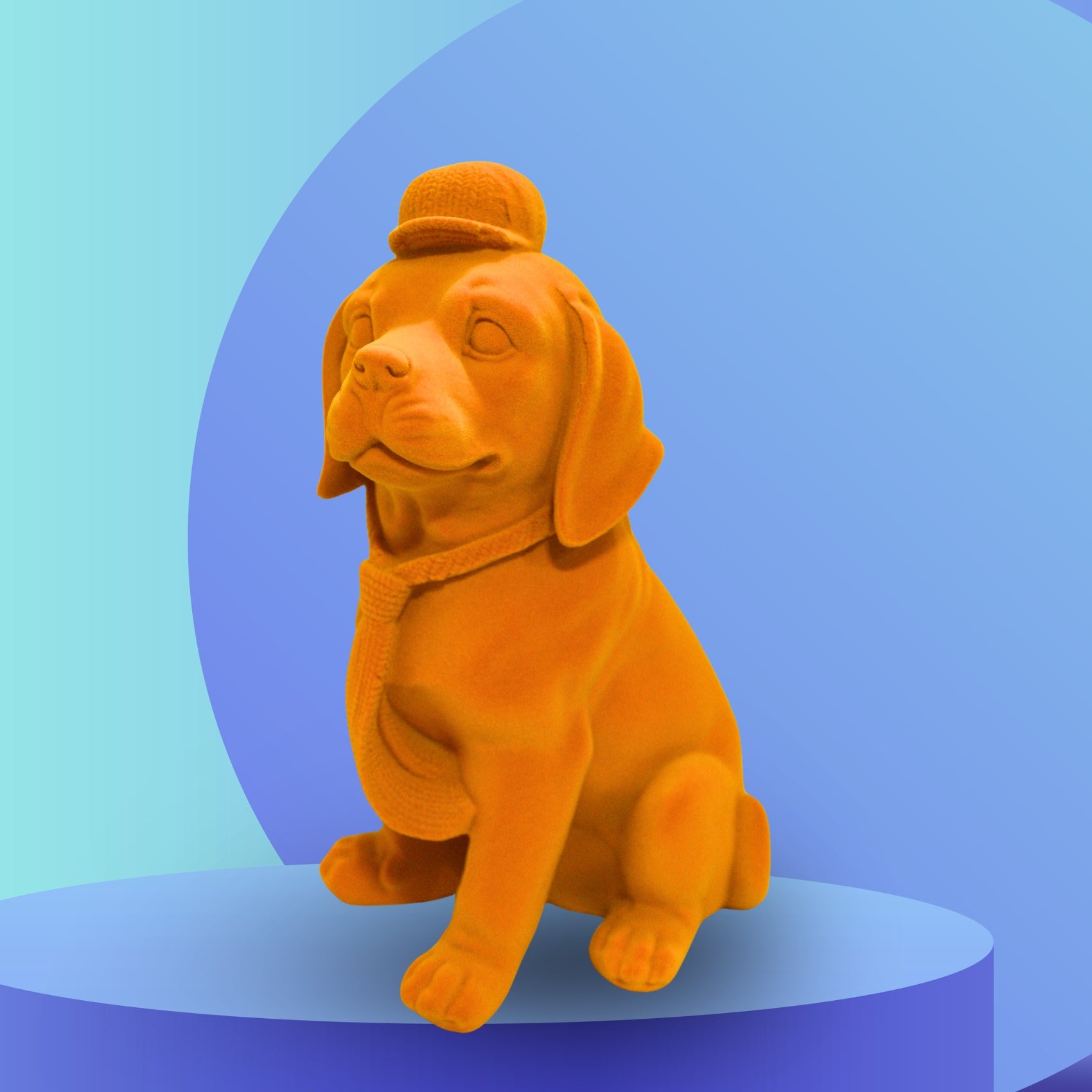 Orange Velvet Finish Luxury Dog Figurine – Elegant Resin Decor with Cap & Tie