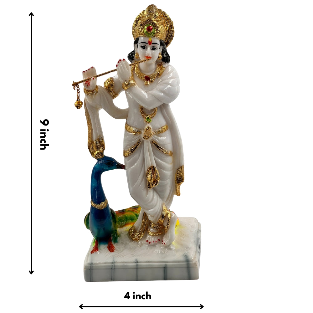 Elegant White Krishna Idol with Peacock – 9 Inch Decorative Statue for Home & Mandir