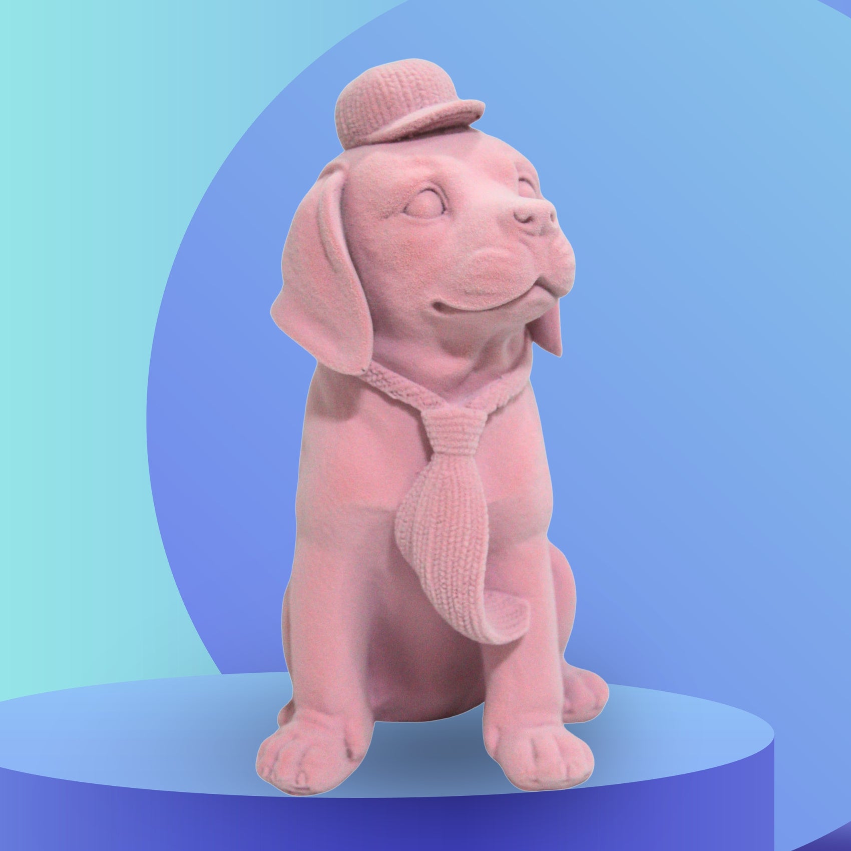 Pink Velvet Finish Luxury Dog Figurine – Elegant Resin Decor with Cap & Tie