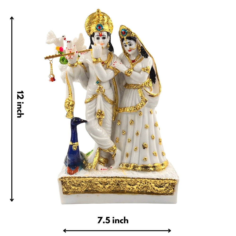 12 Inch Radha Krishna Idol with Peacock – White & Gold Decorative Statue