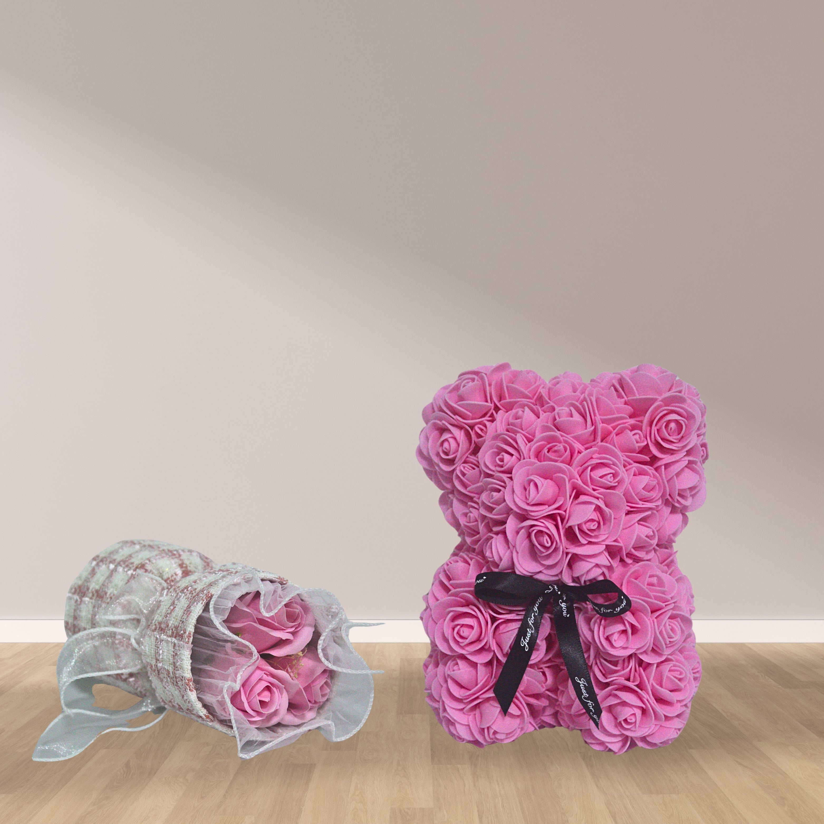 Elegant Foam Flower Teddy & Bouquet Hamper – A Unique Gift of Love (PINK)