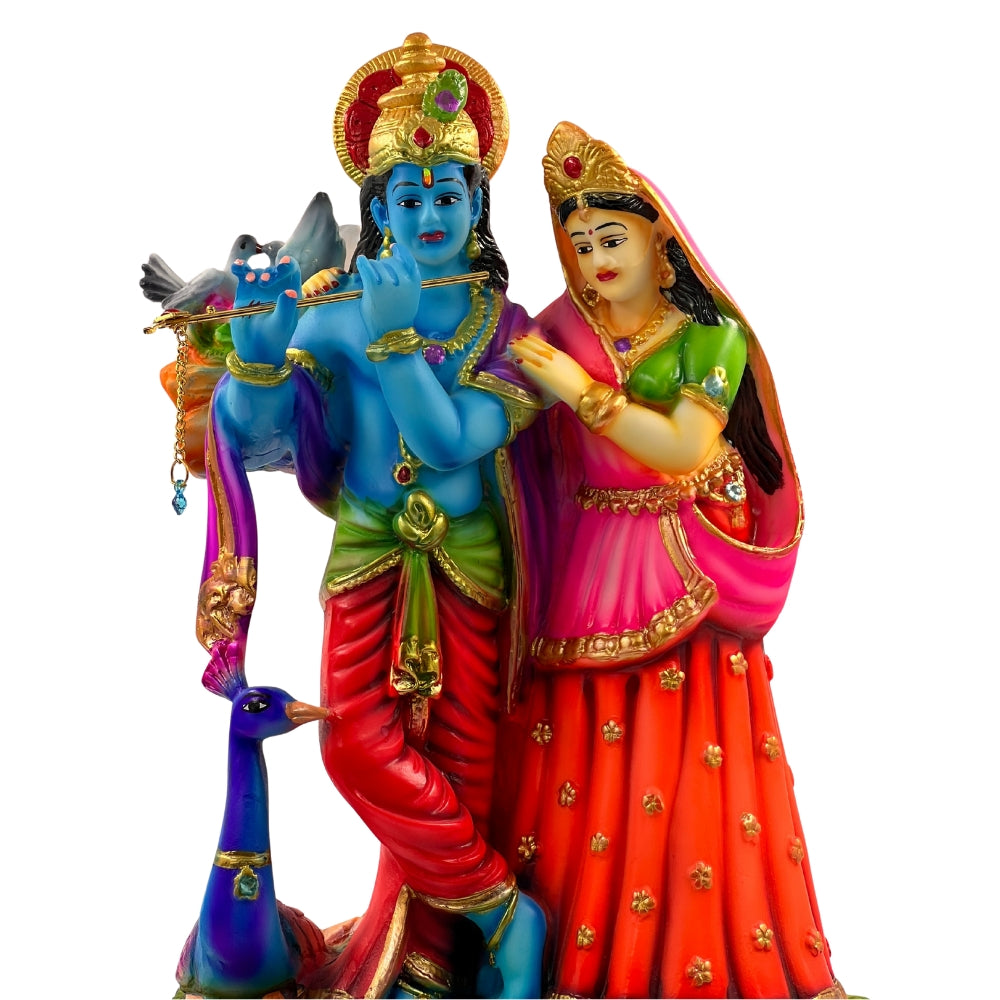 12 Inch Radha Krishna Idol with Peacock – Multicolor Decorative Resin Statue